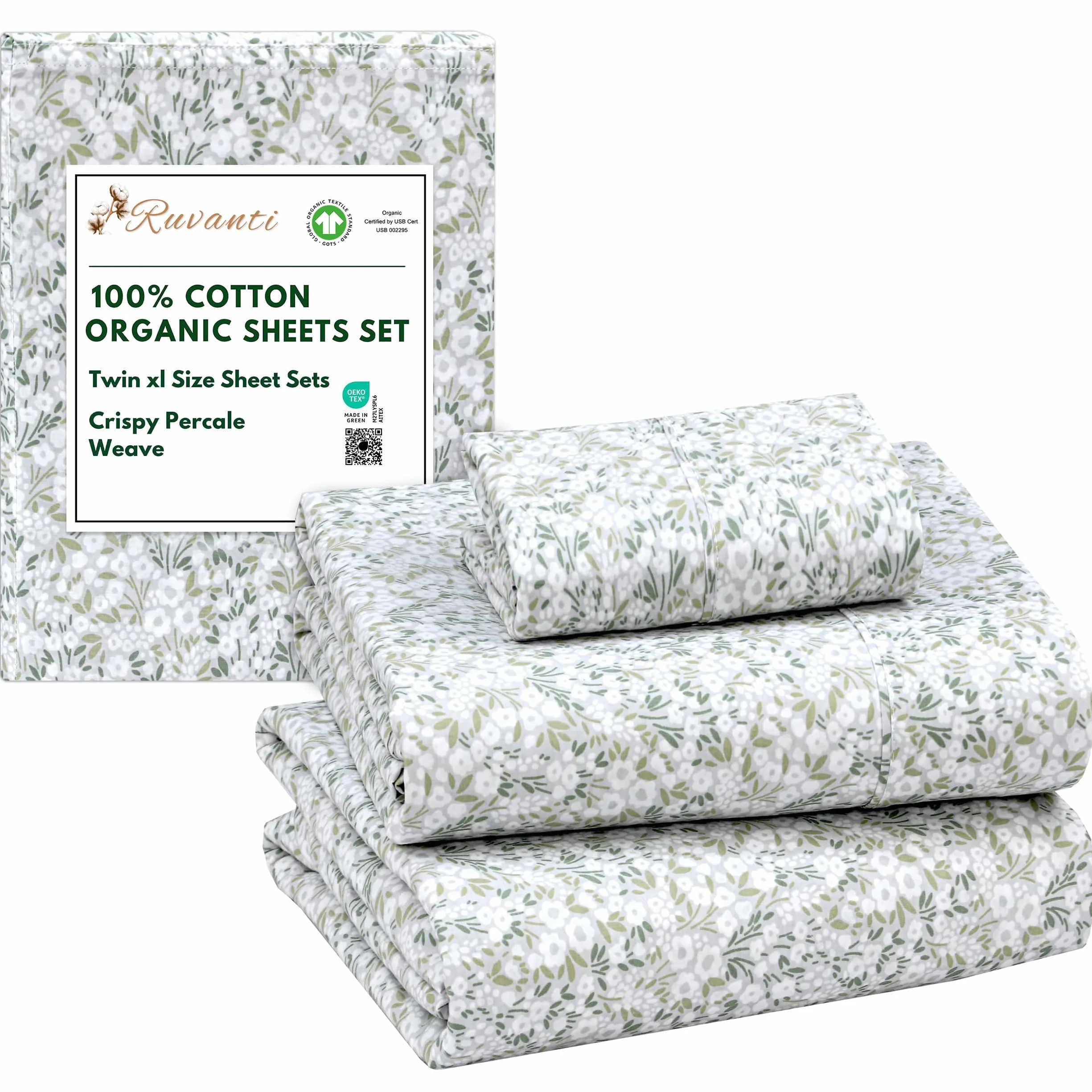 RUVANTI Prześcieradła ze 100% bawełny organicznej Twin XL, perkalowy splot, certyfikat GOTS, 3-częściowy zestaw, głęboka kieszeń 38 cm, wyraźna i oddychająca, miękka, trwała pościel, Sábanas Algodón