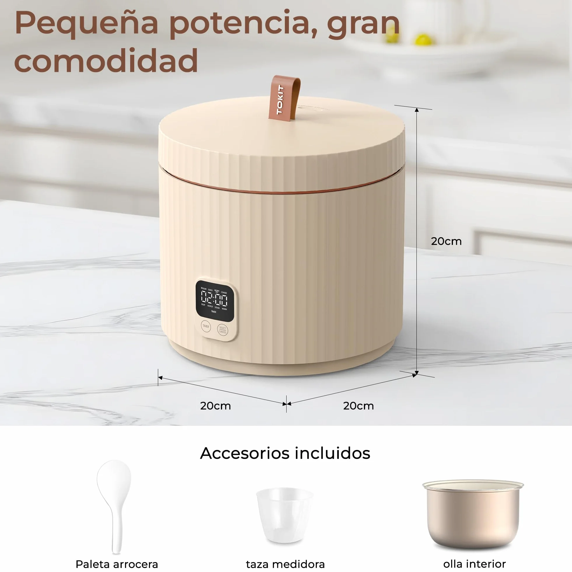 TOKIT Rice Cooker Pro szybkowar do ryżu, 1,5 l, mały, ale wielofunkcyjny, z przyciskiem dotykowym wyświetlacza, dla 1-3 osób, powłoka ceramiczna, nieprzywierająca, wewnętrzna doniczka do ryżu (biały)