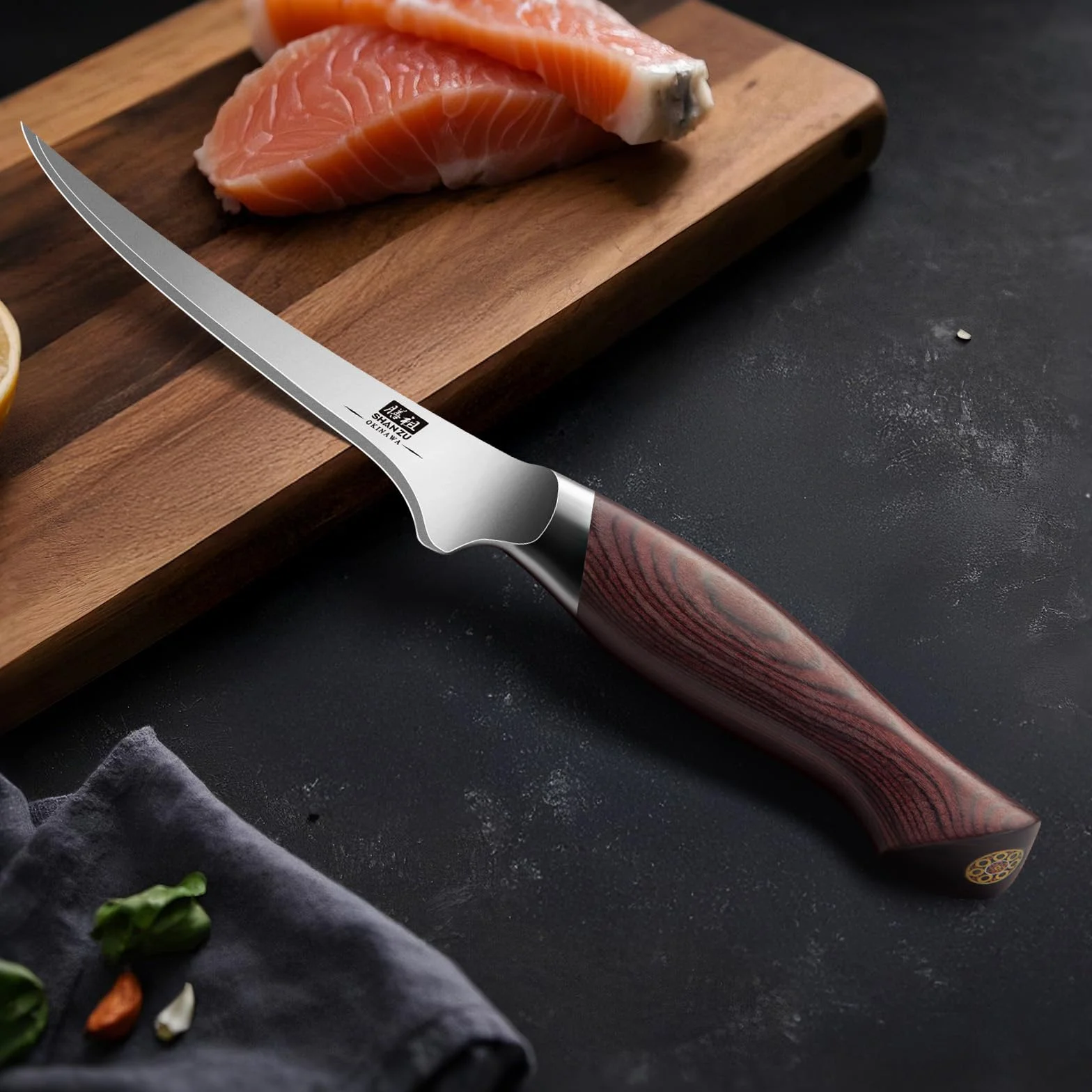 SHAN ZU Filetiermesser 18 cm, Scharfes Ausbeinmesser für Fleisch, Japanischem 10Cr15Mov-Superhartstahl, Profi Küchen-Fischmesser mit Flexibler Klinge und Ergonomischem Pakkaholzgriff- OKINAWA Series
