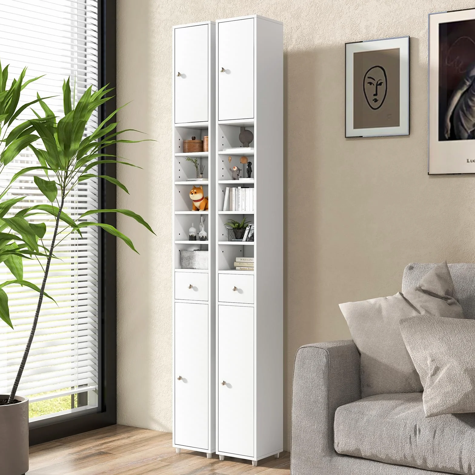 GIANTEX Szafka łazienkowa, szafka kolumnowa z 2 drzwiami, 1 szufladą i otwartymi regulowanymi półkami, 20 x 20 x 180 cm, wąska szafka pomocnicza do salonu, sypialni (5 półek, biały)
