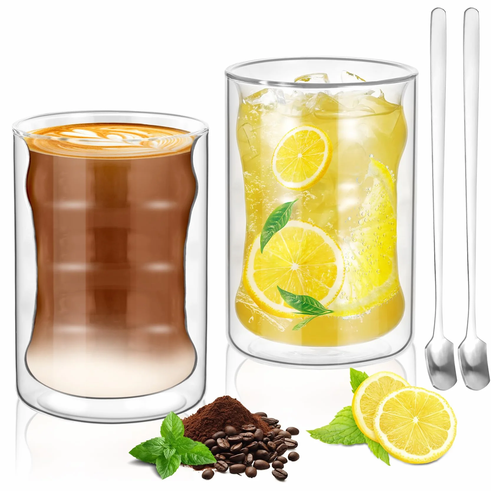 Szklanki do Latte Macchiato z Podwójnymi ściankami, 400 ml, do Kawy, Cappuccino, Espresso i Herbaty, Spiralne Szklanki Termiczne, ze Szkła Borokrzemowego, 2 Szklanek i 2 łyżeczek
