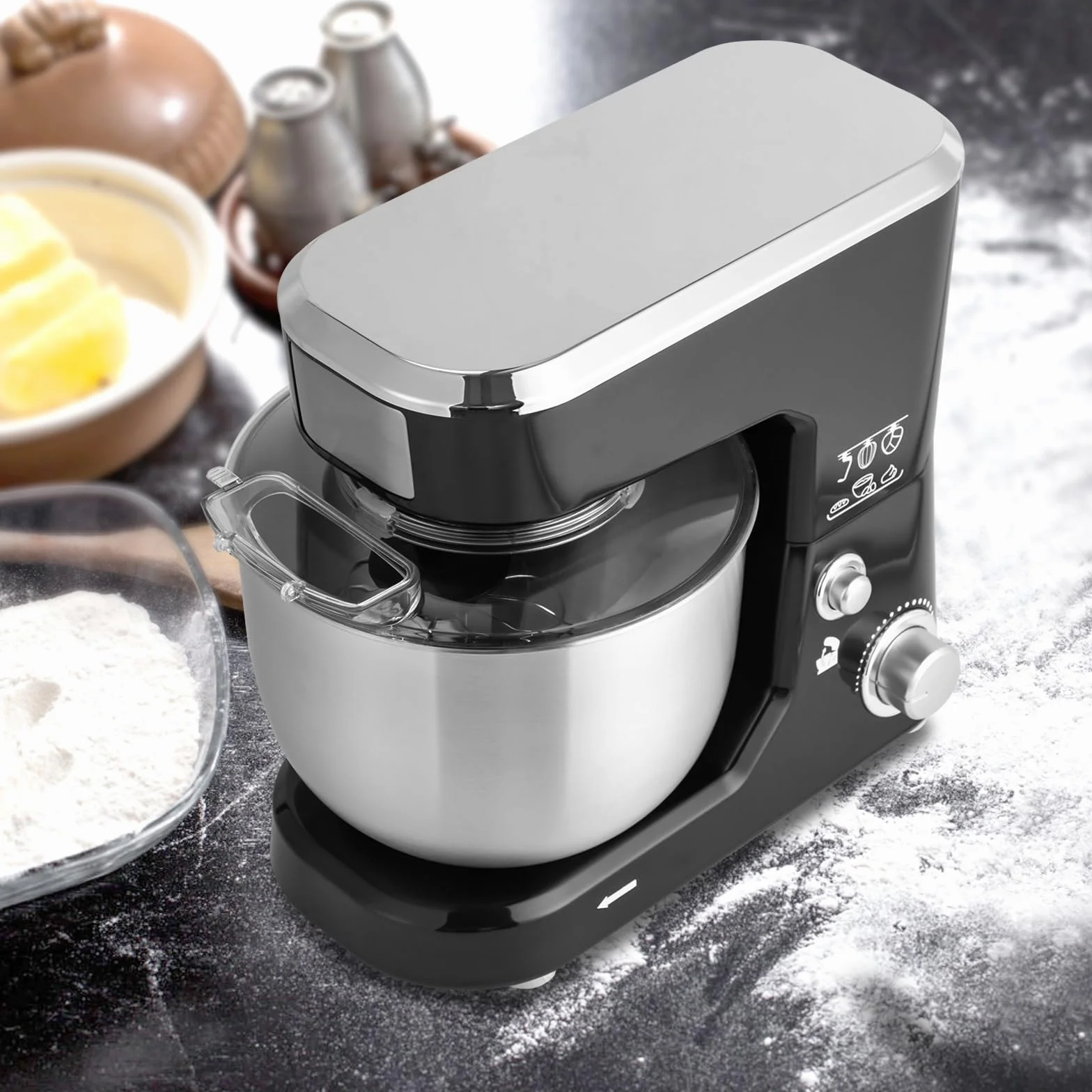 Mikser kuchenny, robot kuchenny z miską do mieszania 1,1 galona, 1000 W, cicha praca, urządzenie kuchenne, trzepaczka, hak do zagniatania, trzepaczka, do koktajli, pizzy, gofrów, koktajli mlecznych