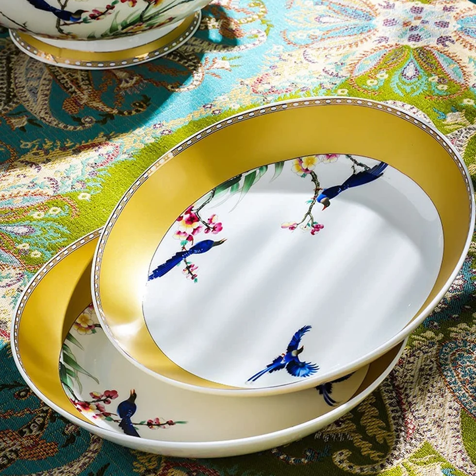 Zestaw naczyń obiadowych z porcelany kostnej Wzór kwiatowy sroki, 70-częściowa ceramika Zastawa stołowa Zestawy obiadowe, talerze i zestawy misek