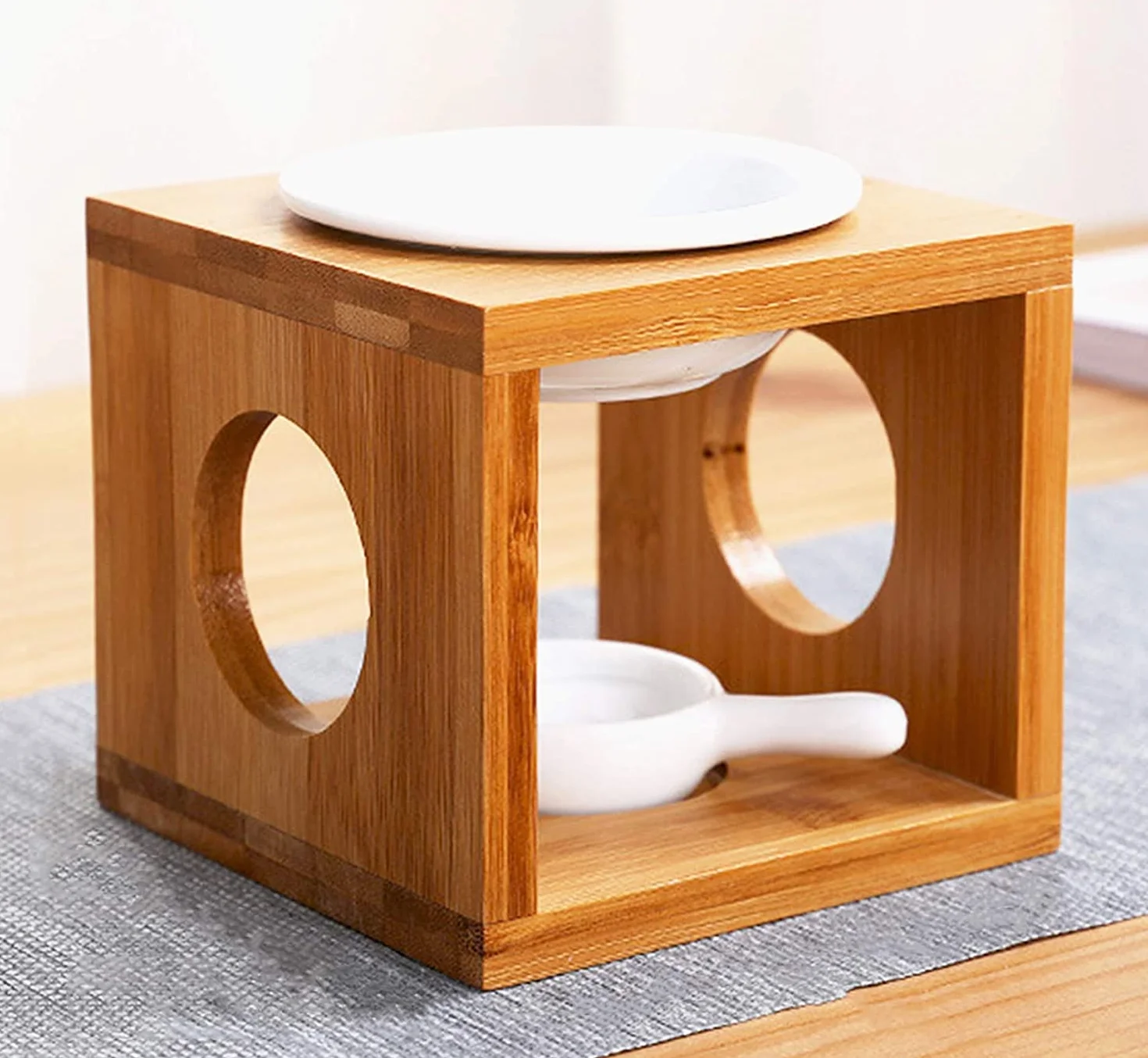 Ceramiczny palnik do wosku drewno bambusowy, palnik do olejków eterycznych z uchwytem na świeczki zapachowe, pachnący podgrzewacz wosku do aromaterapii do jogi, salonu, sypialni, biura