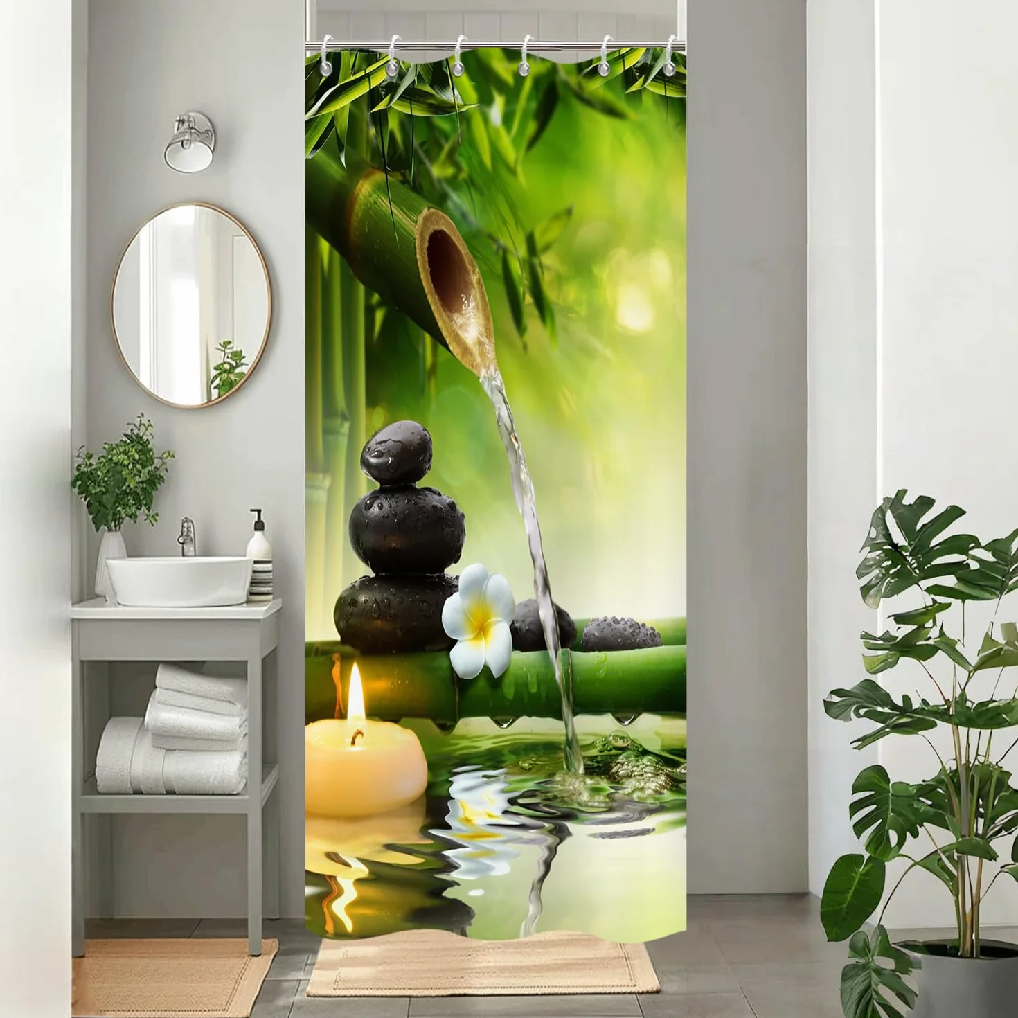 Zasłona prysznicowa, 120 x 200 cm, kamienie bazaltowe Zen SPA, świece, bambus, medytacja, wodoszczelny materiał, nadaje się do prania w pralce, zasłona łazienkowa z haczykami