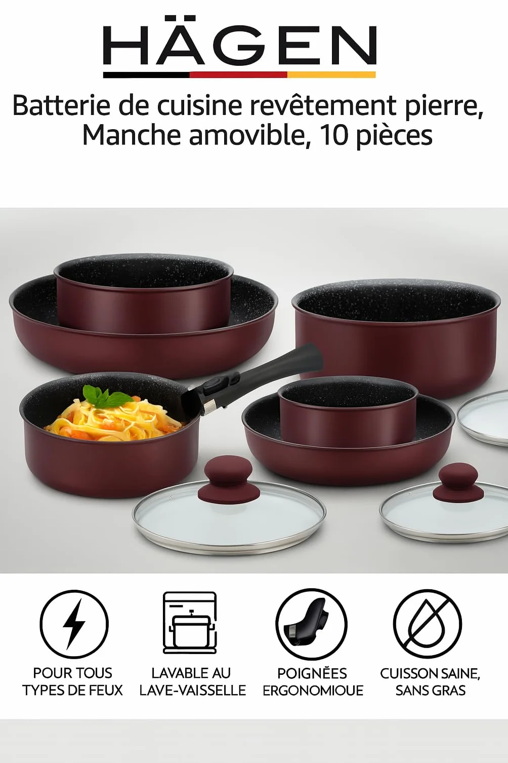 HAGEN, Naczynia kuchenne z powłoką kamienną, zdejmowany uchwyt, 10 części, Bordeaux, powłoka nieprzywierająca, wszystkie palniki, indukcja, HA04647