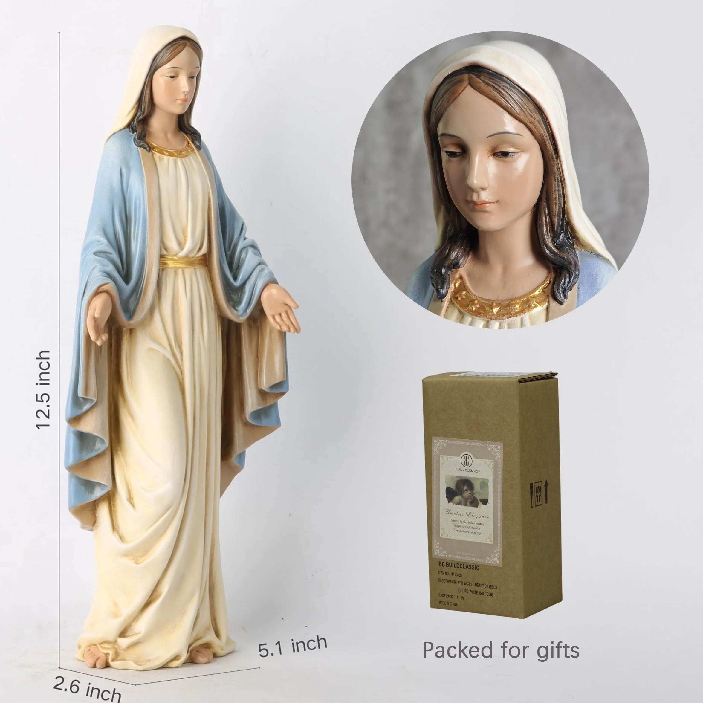 BC Katolicka statuetka Najświętszej Maryi Panny, figurka Matki Świętej na ołtarz, katolicki wystrój domu, prezenty religijne dla mamy, 31,8 cm H, ręcznie malowana klasyczna renesansowa rzeźba