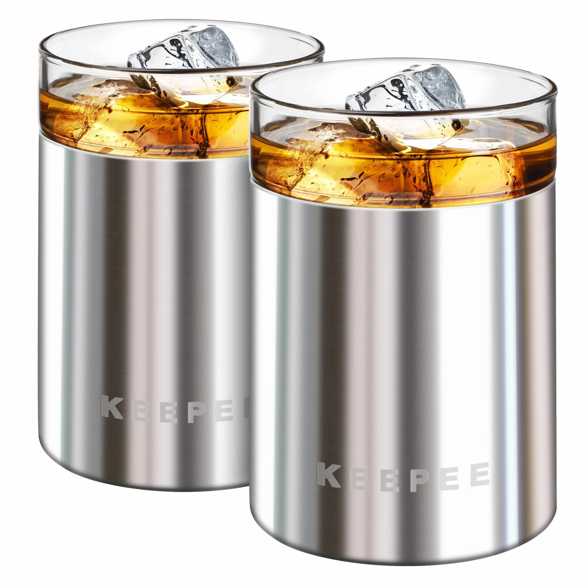 Szklanki do whisky zestaw 2 szt. – izolowany próżniowo kubek ze zdejmowaną szklaną wkładką – izolowany kieliszek koktajlowy – staromodny kieliszek do lowball do margarity, burbona, wina, 295 ml