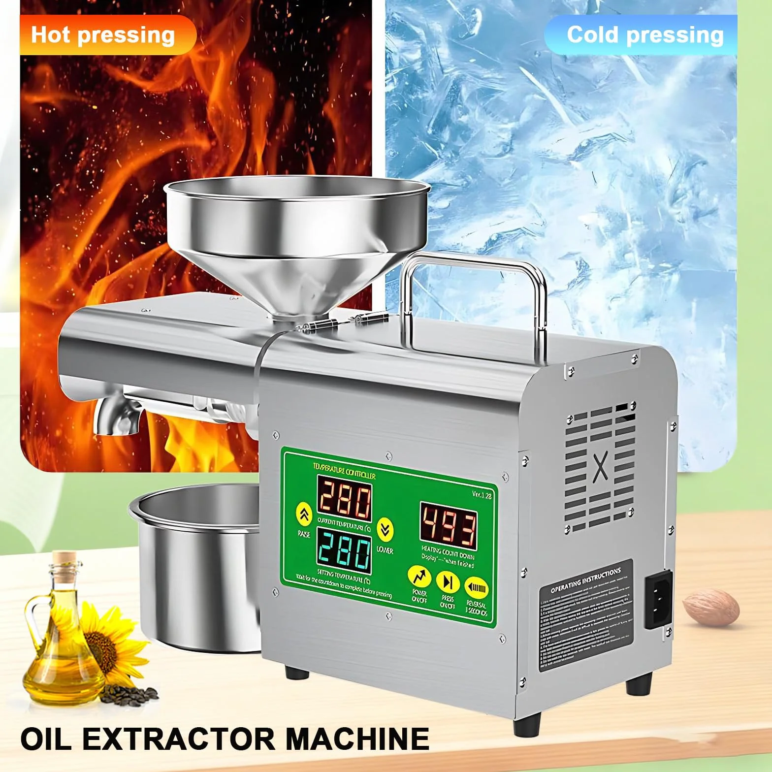 Prasa do oleju, automatyczna produkcja oleju, 1800w wyciskarka oleju do tłoczenia na zimno i na gorąco, maszyna do tłoczenia oleju z inteligentnym regulatorem temperatury 104-572°C