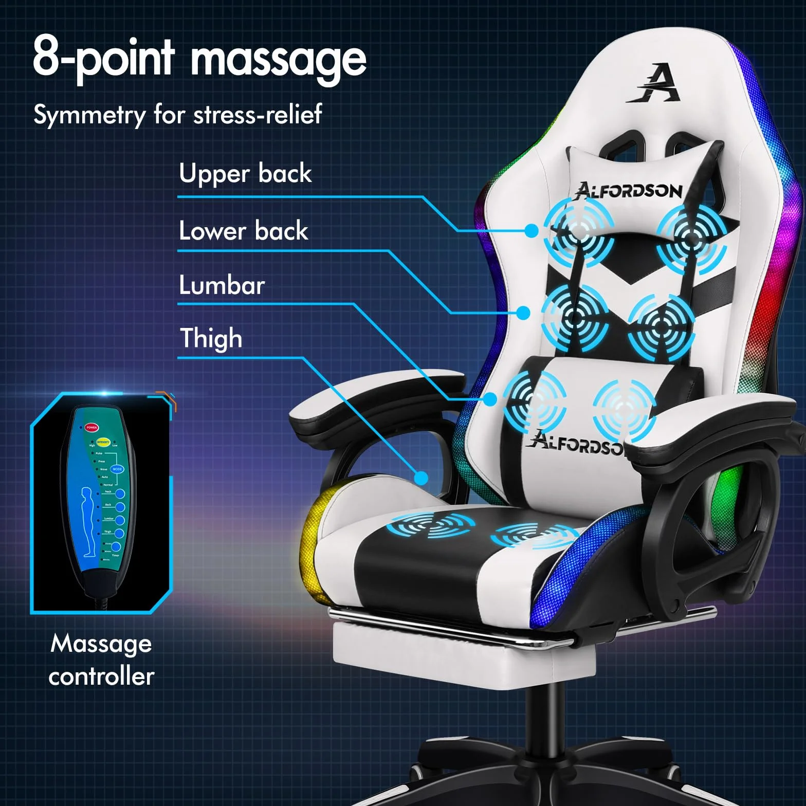 ALFORDSON Ergonomiczne krzesło do gier z oświetleniem RGB z 12 kolorowymi diodami LED, fotel z podparciem lędźwiowym i podnóżkiem, sztuczna skóra, biały