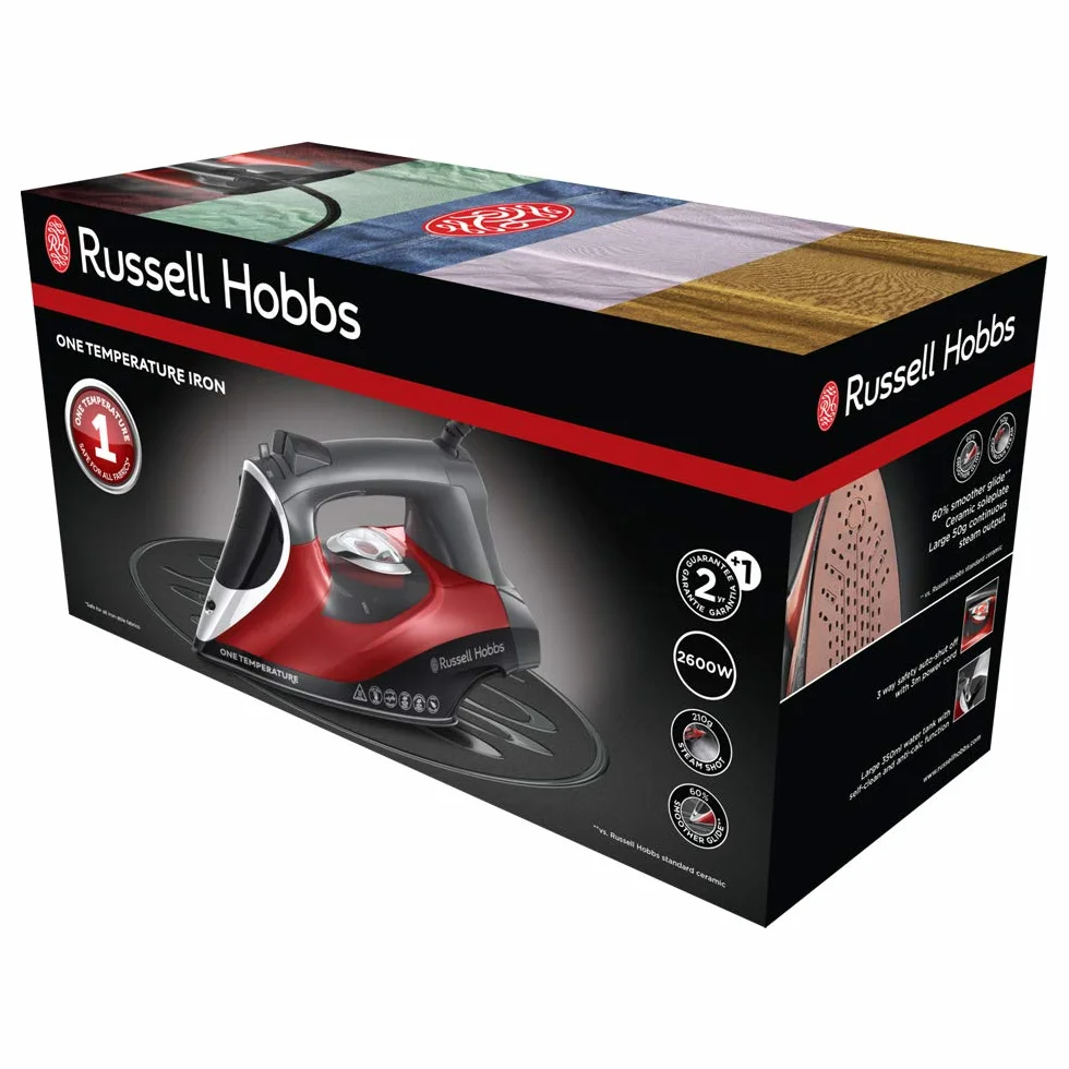 Russell Hobbs Żelazko parowe [2600W, uderzenie pary 210g, stały wyrzut 50g] One Temp (technologia jednej temperatury do wszystkich tkanin, stopa ceramiczno turmalinowa, 350ml, samoczyszczące) 25090-56