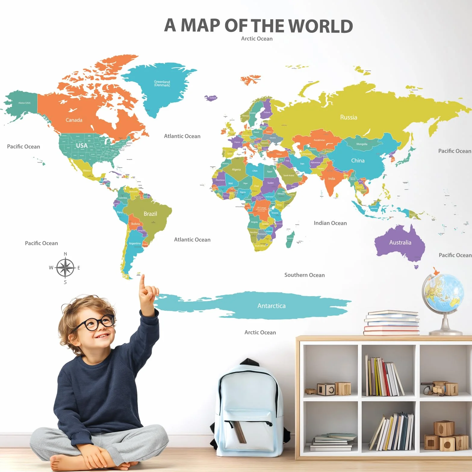 DECOWALL SG2-2414 kolorowa mapa świata tatuaż ścienny (duży 120 x 75 cm), edukacyjna dekoracja mieszkania, sztuka, salon, dzieci, biuro, pokój dziecięcy, klasa "zrób to sam"