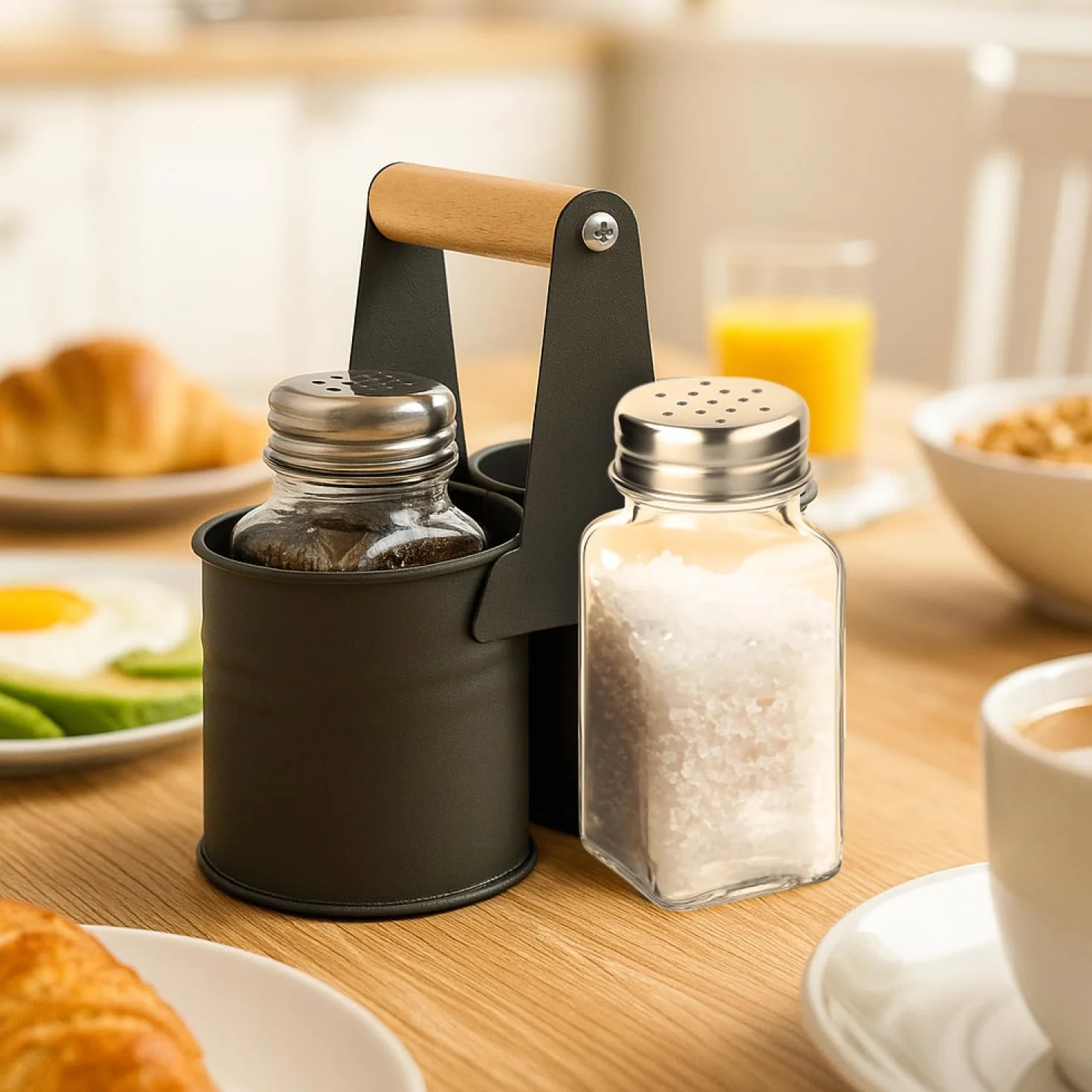 COM-FOUR® 3-czesciowy zestaw do przypraw wykonany ze szkla - do soli i pieprzu z dopasowanym metalowym uchwytem (01 szt. - ze wspornikiem)