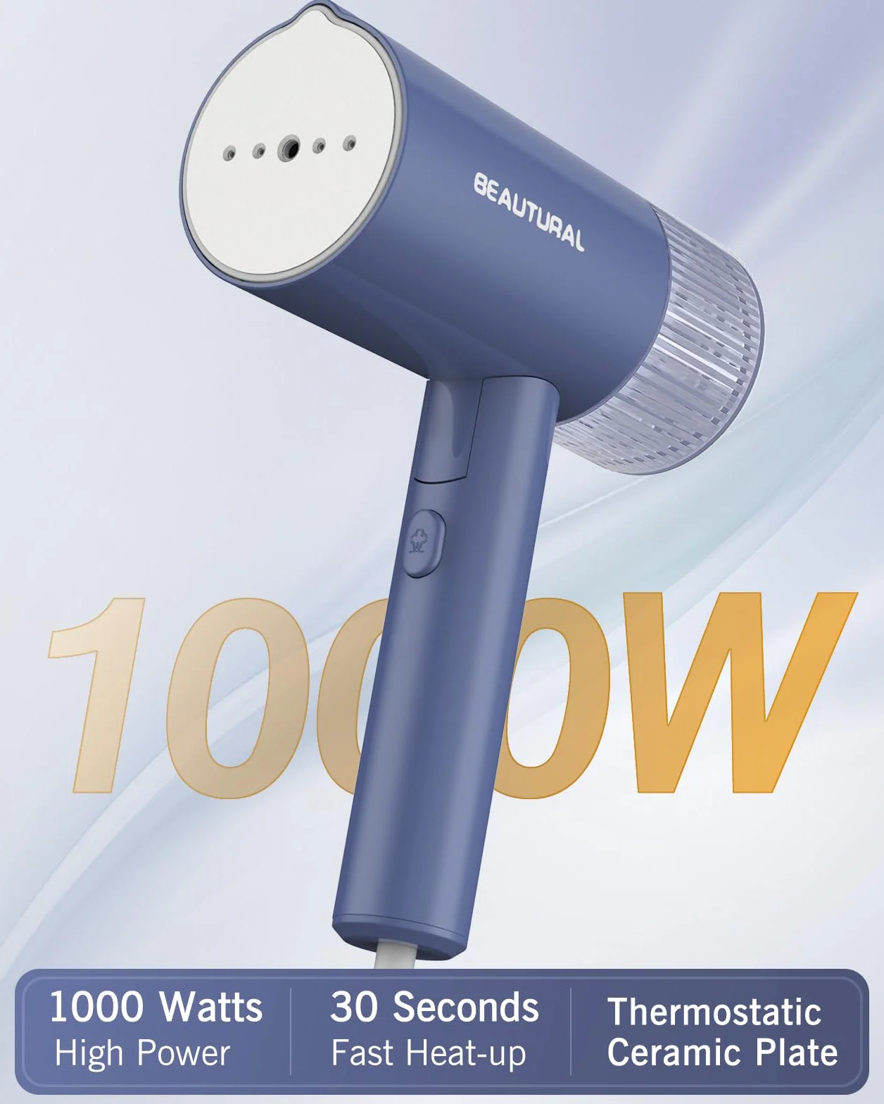 BEAUTURAL Parownica do ubrań, 1000 W, 150 ml zbiornika na wodę, składana, długość kabla 1,9 m,żelazko parowe