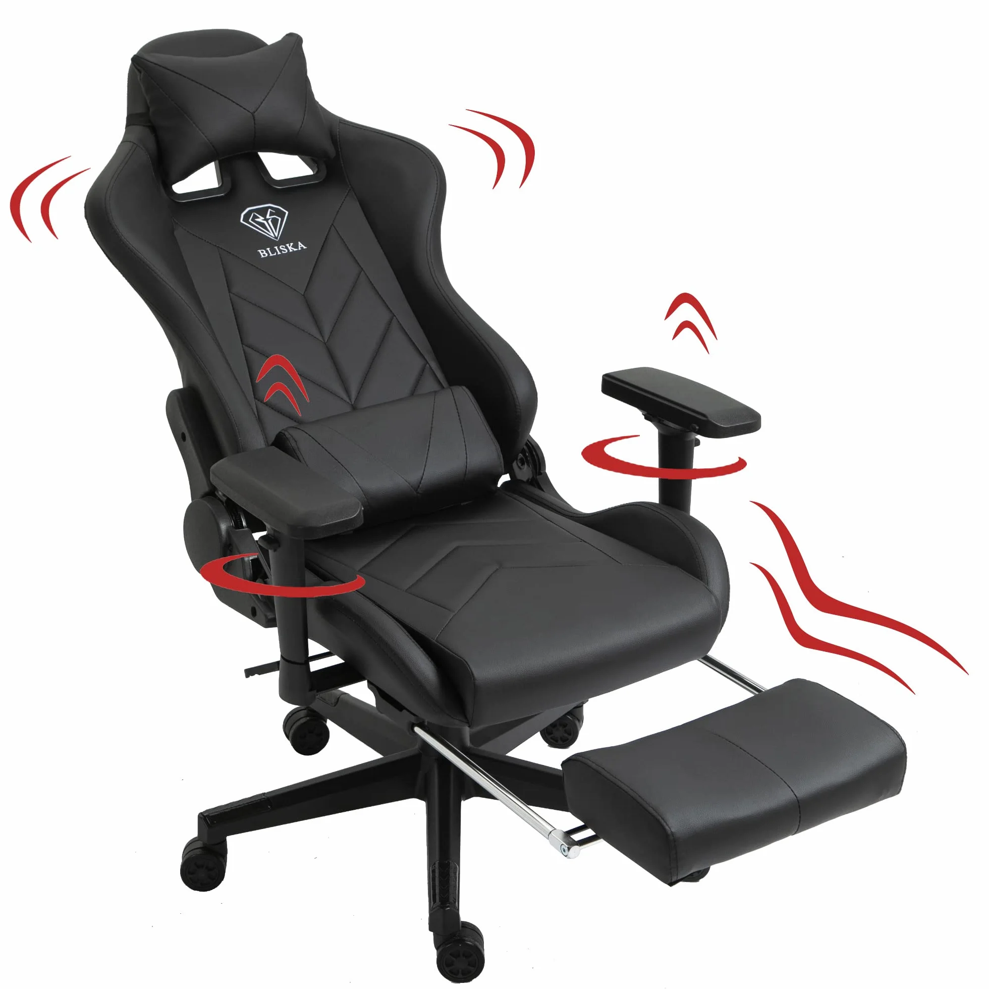Fotel gamingowy z podnóżkiem i ergonomicznymi podłokietnikami 4D, ergonomiczne, sportowe siedzisko, krzesło dla graczy z regulowaną poduszką podpierającą plecy, krzesło biurowe, kolor: czarny