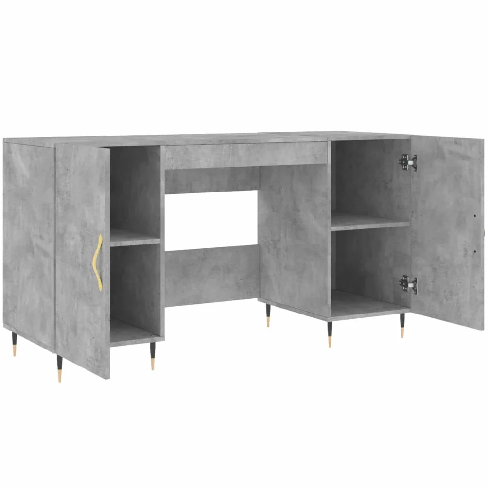 Biurko betonowe, szare, 140 x 50 x 75 cm, materiał drewnopochodny z 4 półkami i drzwiami, stabilny stół biurowy do domu, biura, gabinetu, pokoju młodzieżowego, z regałem, półką i zarządzaniem