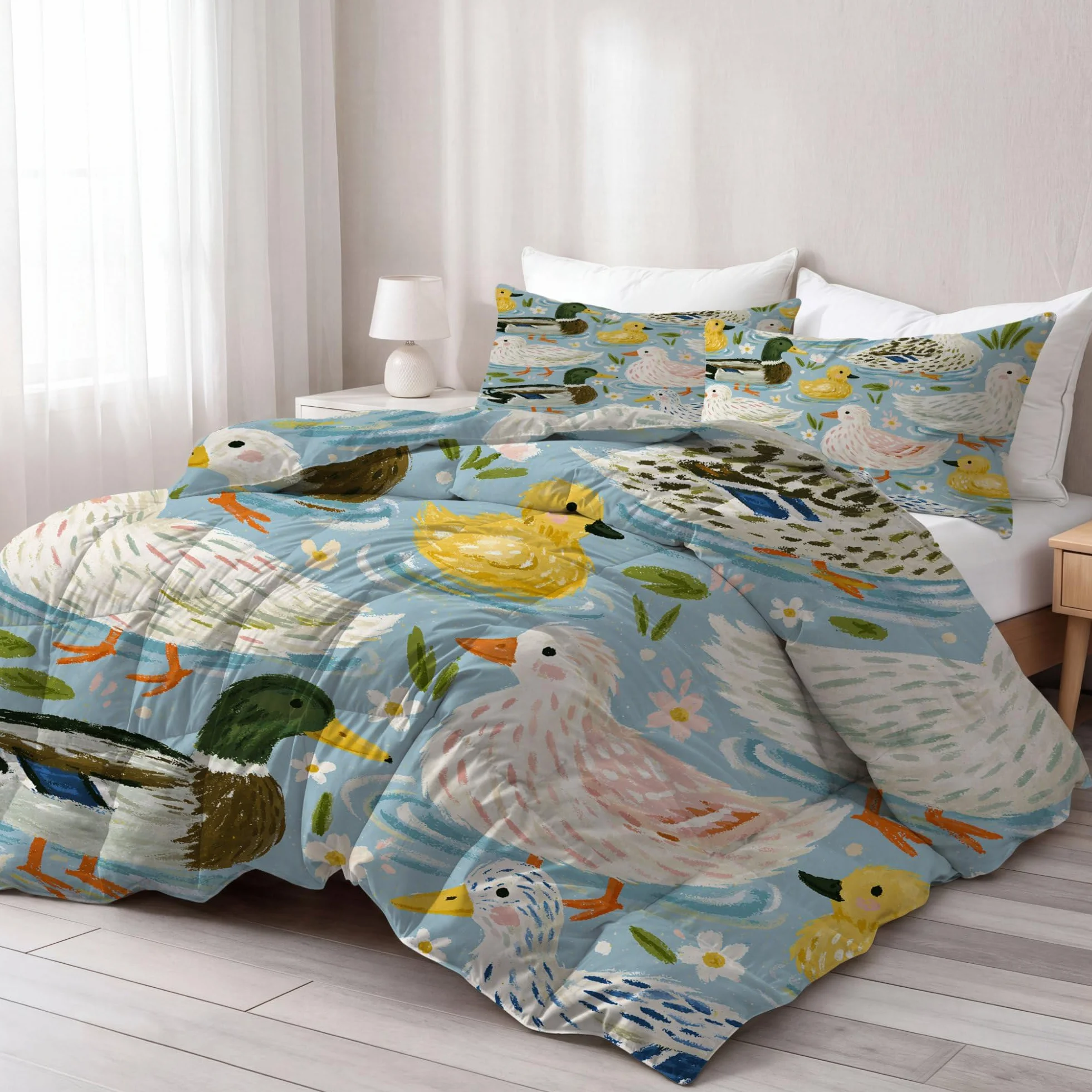 Duckling rustykalna kaczątko lilia wodna bez poszewki na kołdrę King (230 x 220 cm) 4,5 Tog, letnia kołdra z nadrukiem, dwustronna, lekka pościel z 2 poszewkami na poduszki (50 x 75 cm), niebieska