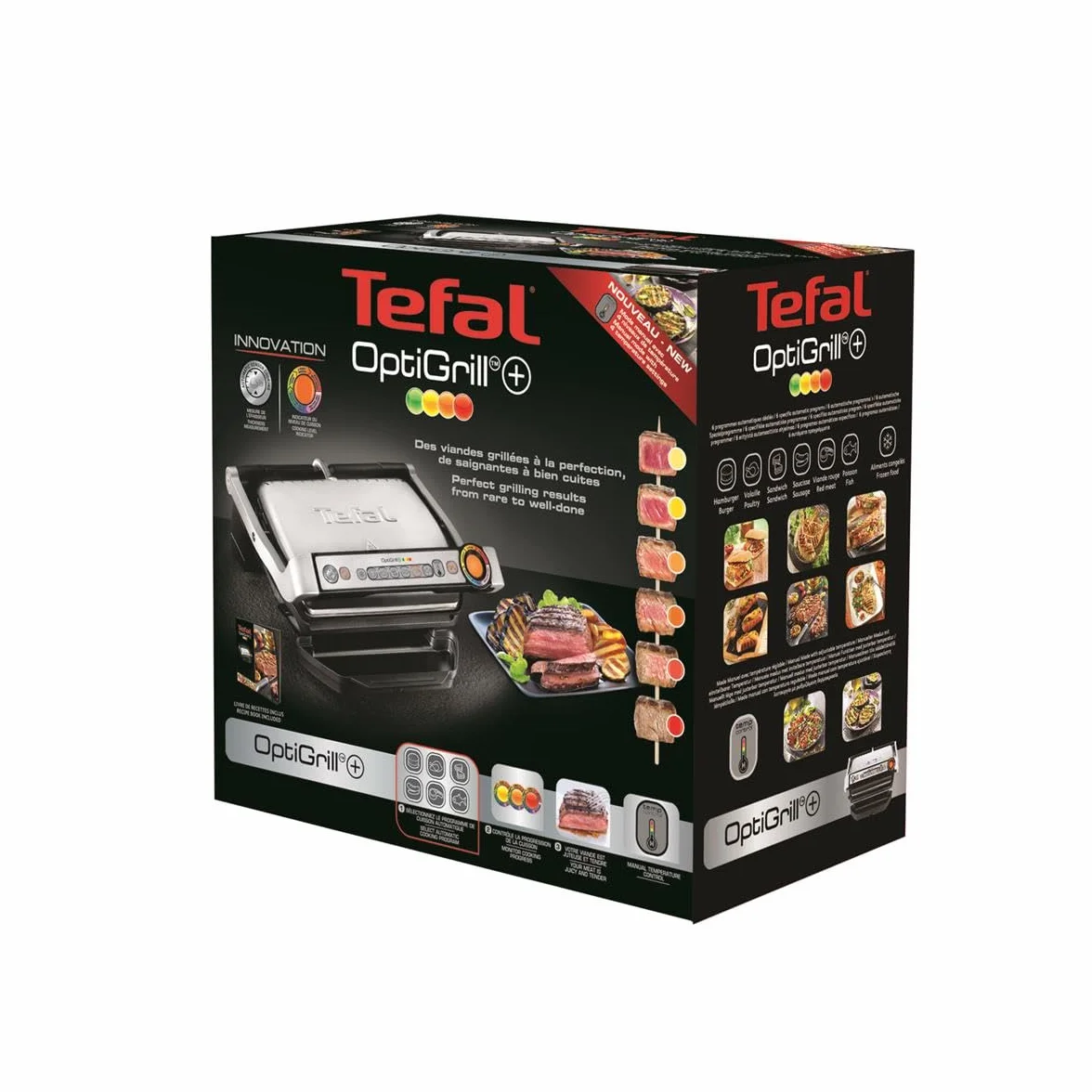 TEFAL OptiGrill+ GC712D Grill elektryczny, 2000W, 6 automatycznych programów, Wskaźnik poziomu wysmażenia Automatic Sensor Cooking, nieprzywierająca powłoka, Możliwość mycia w zmywarce, Srebrny
