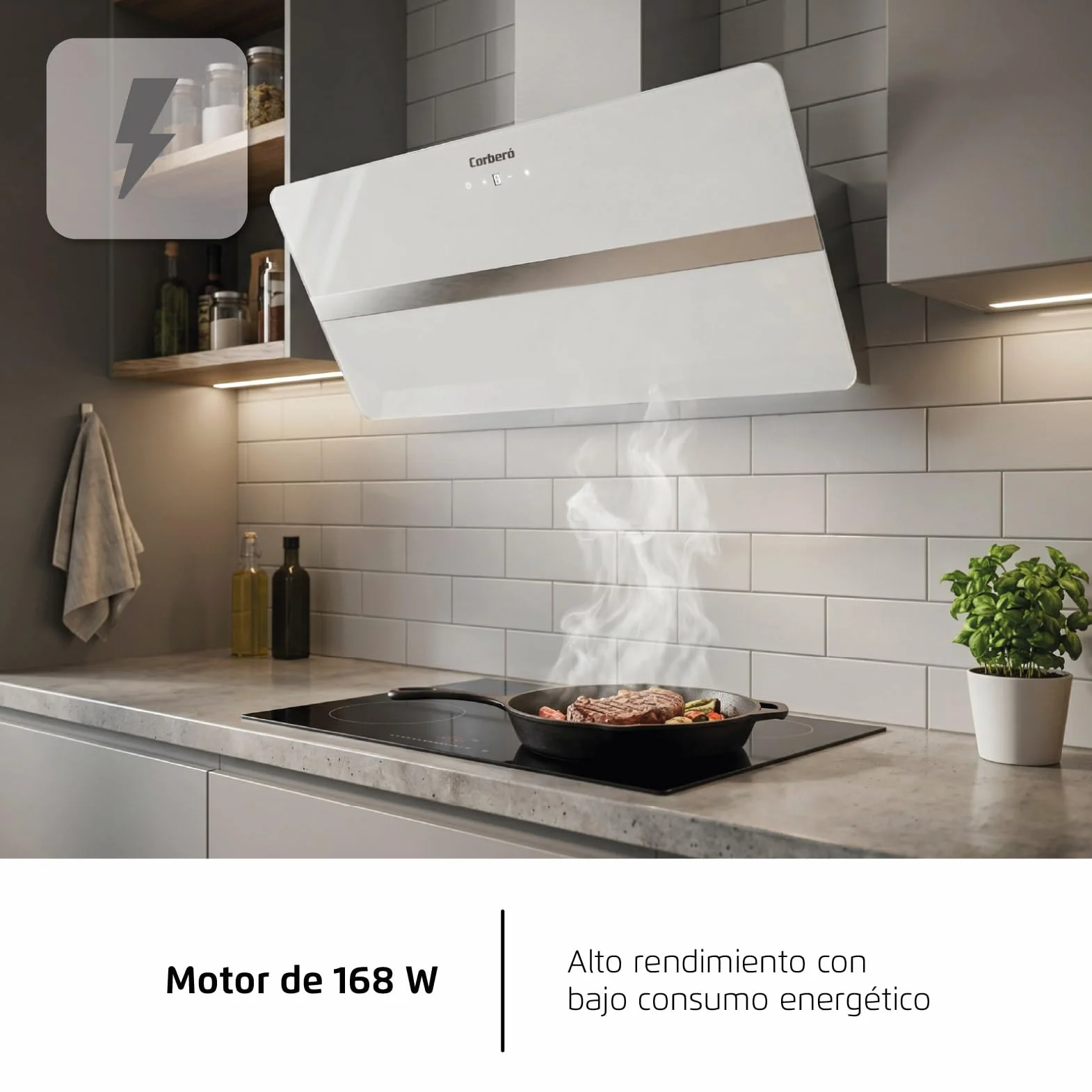 Corberó VicTORIA960W Dekoracyjny Dzwonek, 90 cm, 165 W, 3 prędkości, Control Touch, Przepływ 594,2 m3/h, kolor szkła hartowanego, 1 x filtr aluminiowy, filtr węglowy, energia A