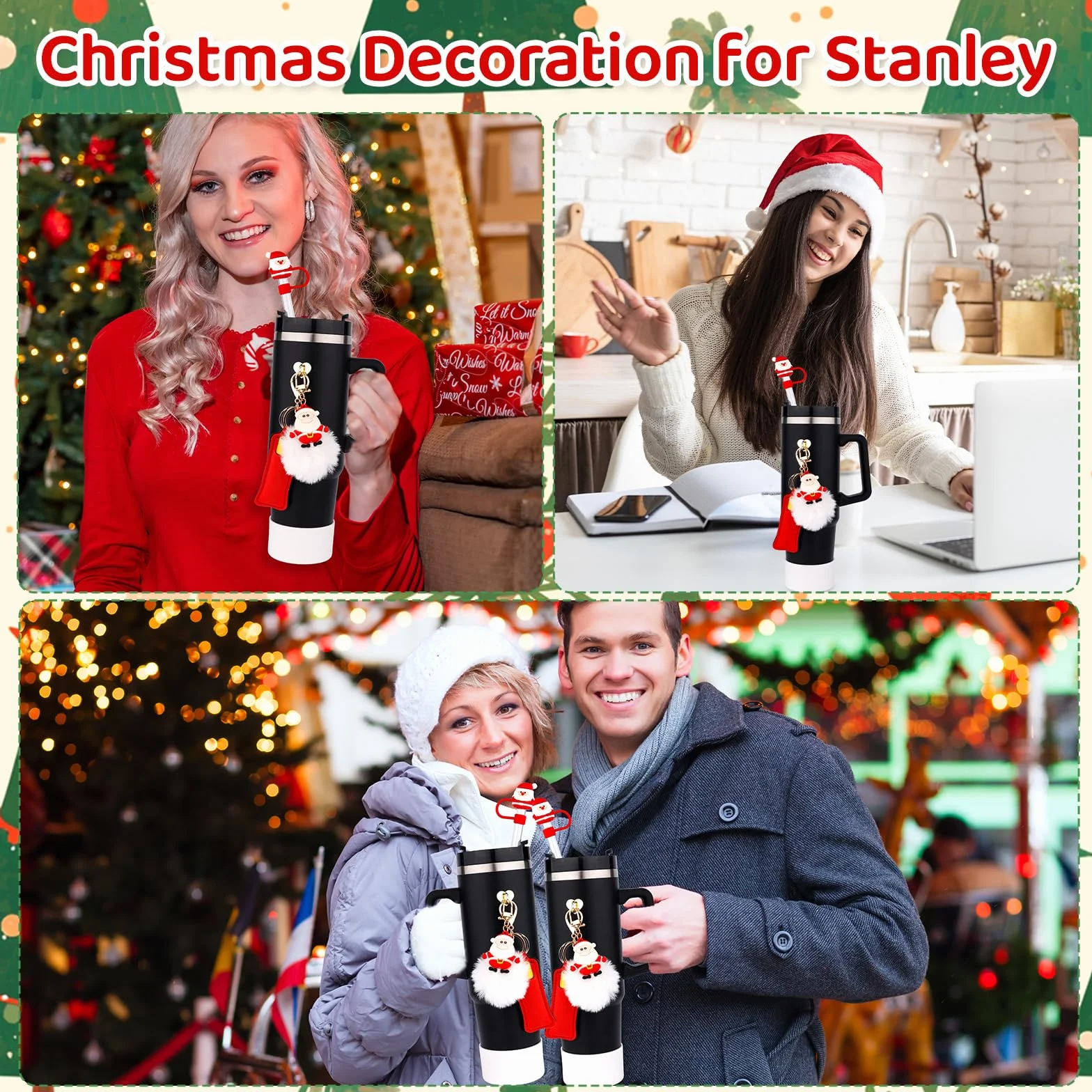 Zestaw Akcesoriów do Kubków Swiatecznych do Stanley, 6szt Akcesoriów do Kubków ze Pokrywa ze Slomy Haczyk na Szminke Pompon Zawieszki Swiateczne do Stanley Kubka 30 oz 40oz (Swiety Mikolaj)