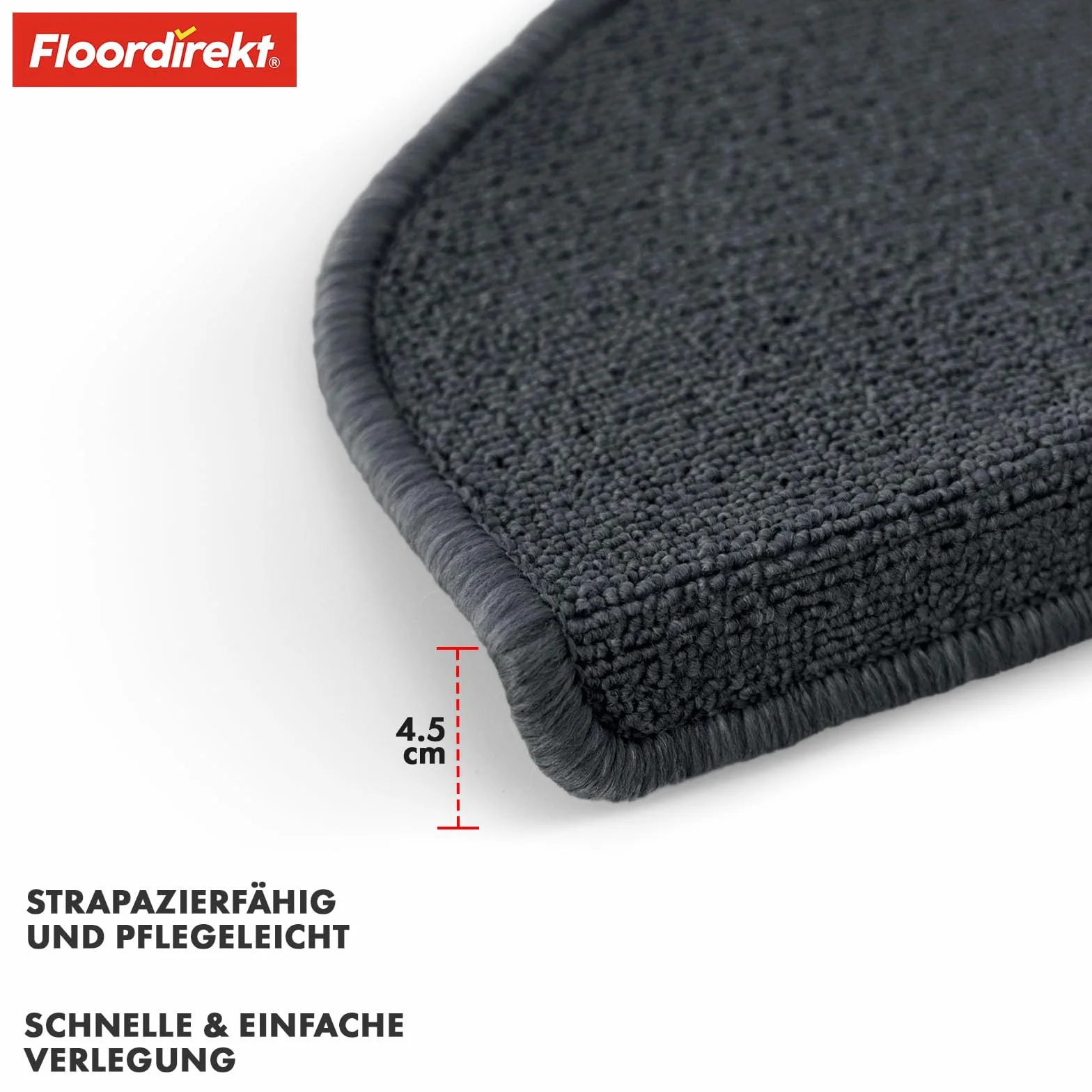 Floordirekt 1 x mata na schody wewnątrz, dywan na schody wewnątrz, dywan na stopnie schodowe, dywan na schody (londyn, antracyt, 65 x 23 cm, półokrągłe)