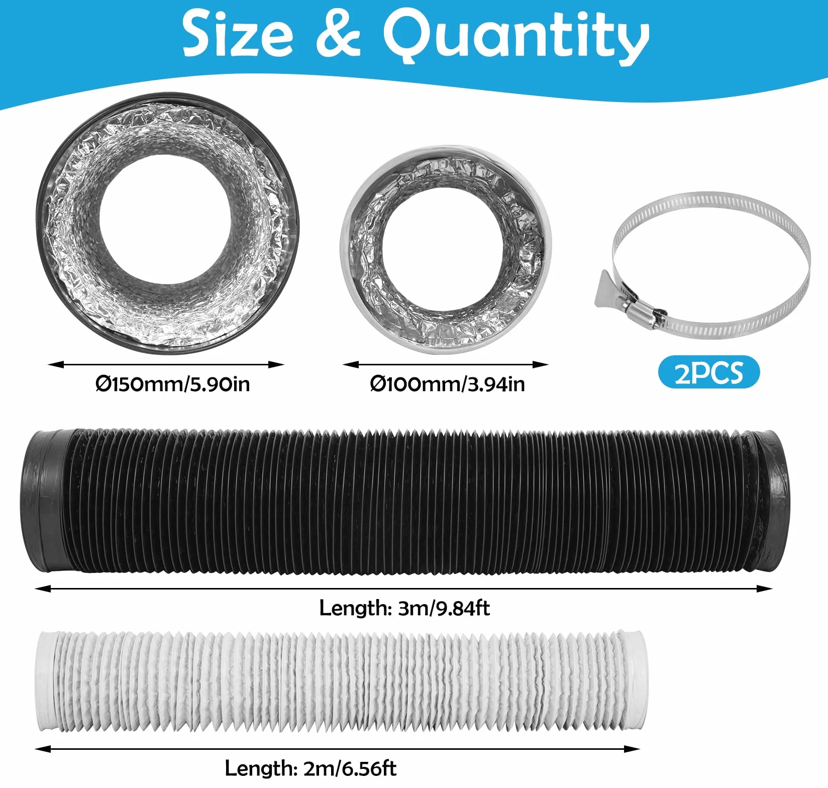 Wąż powietrza wylotowego 100 mm średnicy, długość 2 m, elastyczna rura wylotowa 100 mm, rura aluminiowa PCW, z 2 obejmami do węża ze stali nierdzewnej, biały wąż powietrza wylotowego, suszarka