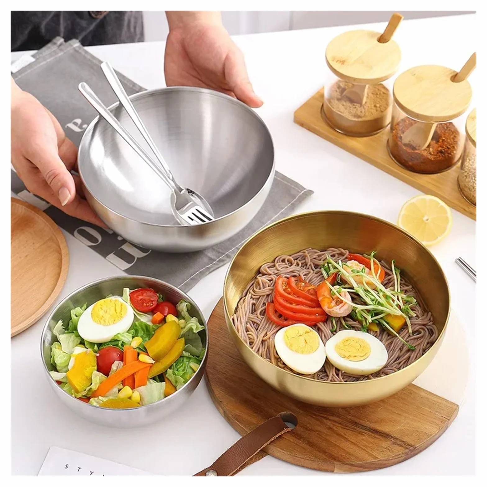 Miska ze stali nierdzewnej o dużej pojemności sałatka owocowa pojemnik na jedzenie zupa makaron ryżowy zastawa stołowa do kuchni dla domu(Gold-20cm)