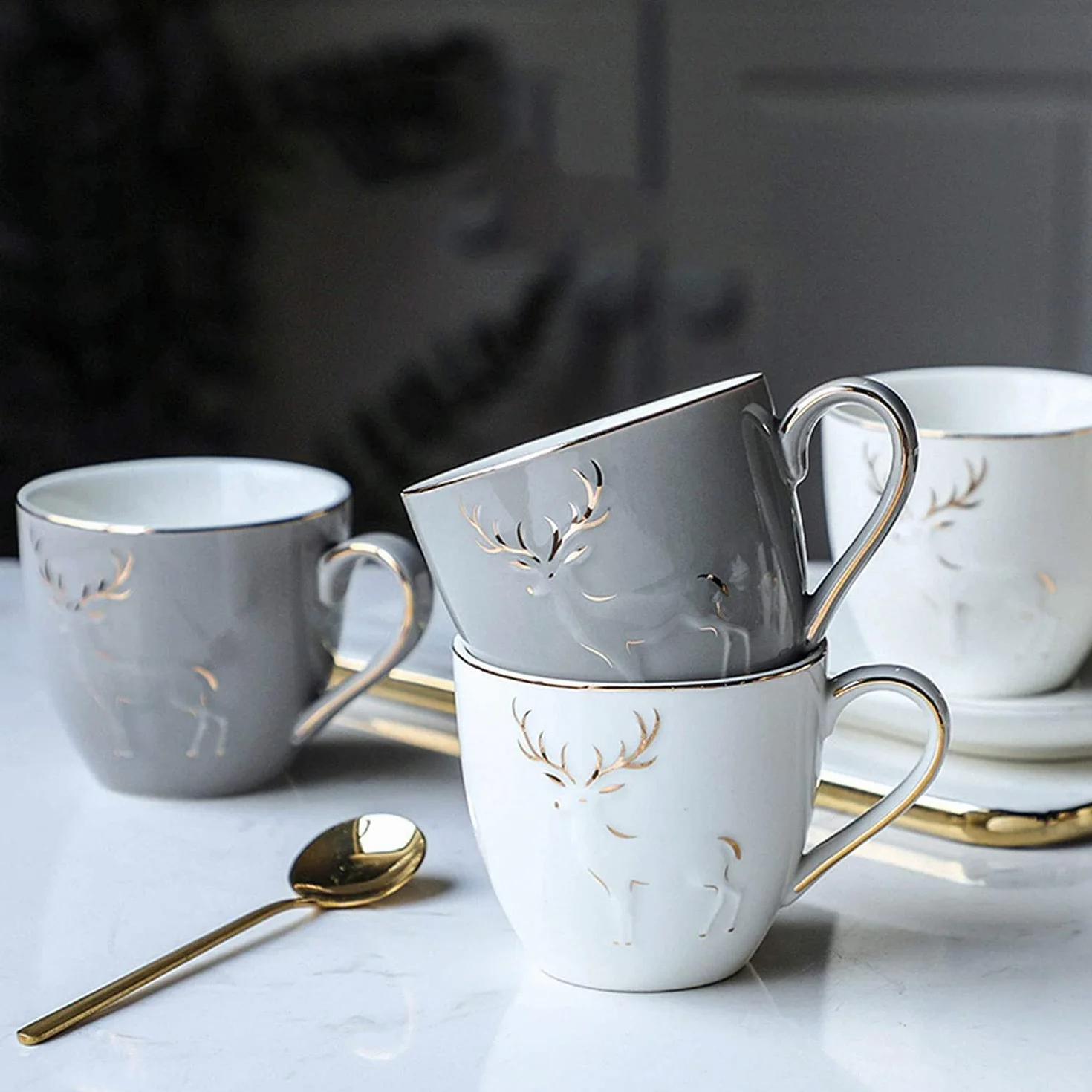 Kubki Do Kawy 5,1 Uncji Zestaw Kubków Do Kawy I Spodków Z Eleganckim Tłoczonym Obramowaniem W Kształcie Łosia I Złotą Krawędzią Ceramiczny Kubek Do Espresso I Łyżeczka Ku（Grey）