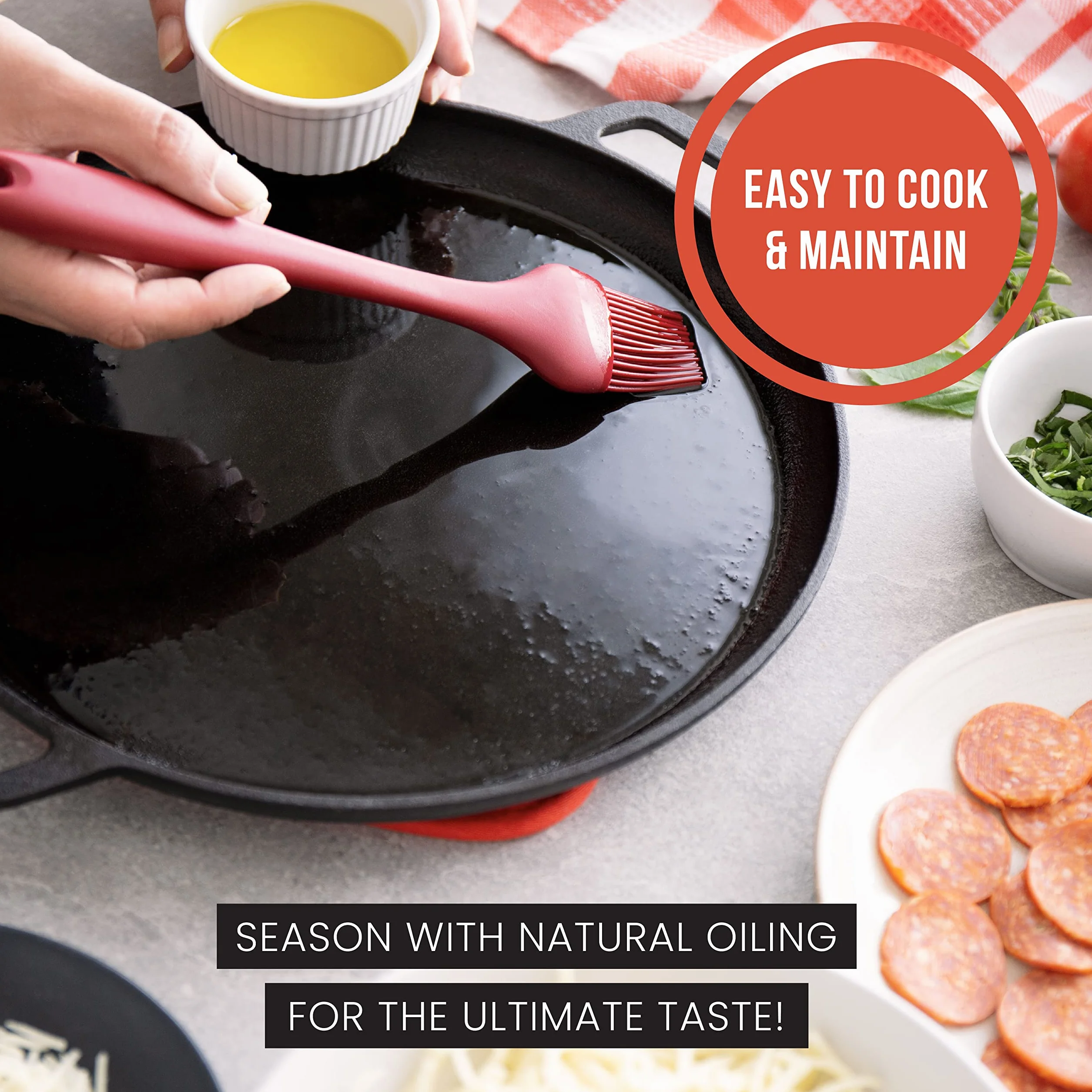 Chef Pomodoro Żeliwna patelnia do pizzy, wstępnie sezonowana patelnia z uchwytami, blacha do pieczenia, okrągła patelnia do Dosa Tawa Roti, Comal do tortilli (30.5 cm)
