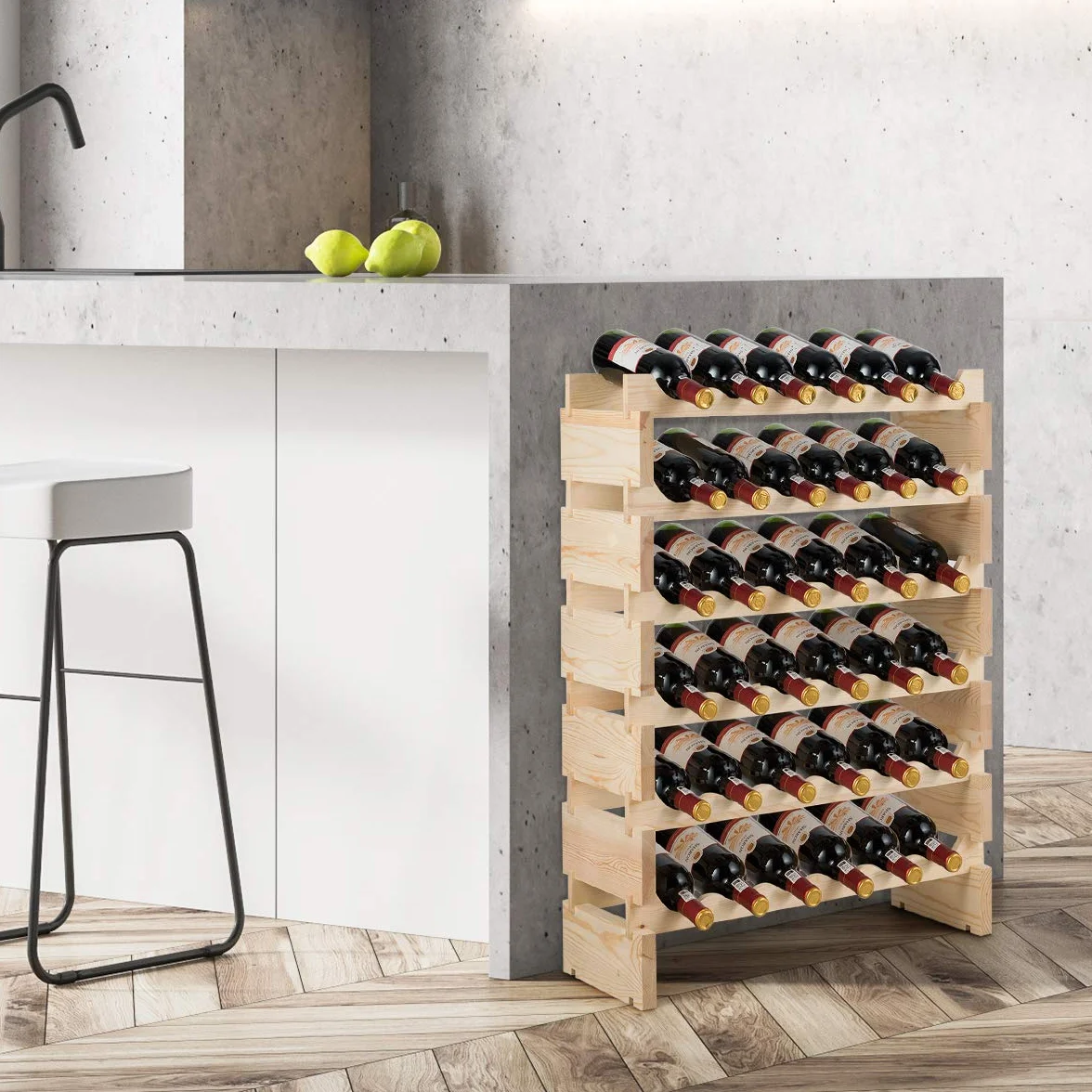 KOMFOTTEU Stojak na butelka na 36 butelek, półka z drewna sosnowego, stojak na wino do układania w stosy, do kuchni, piwnicy, 63 x 28 x 85 cm