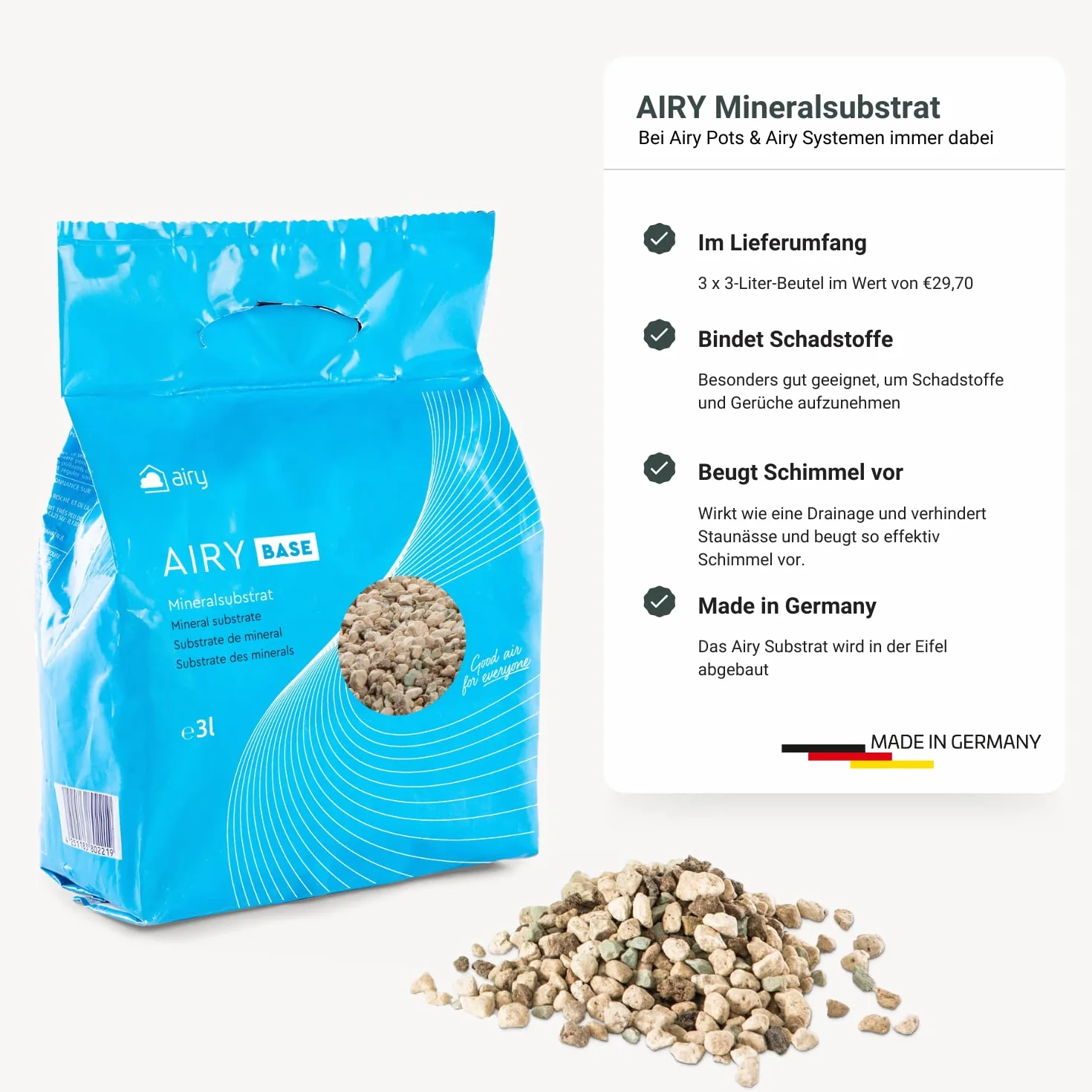 AIRY System L z 3 storczykami i substrat Airy Base • naturalny oczyszczacz powietrza eliminuje szkodliwe substancje, alergeny i zapachy • Do pomieszczeń o ok. 30 m2 • Made in Germany, 3303-619 antracyt