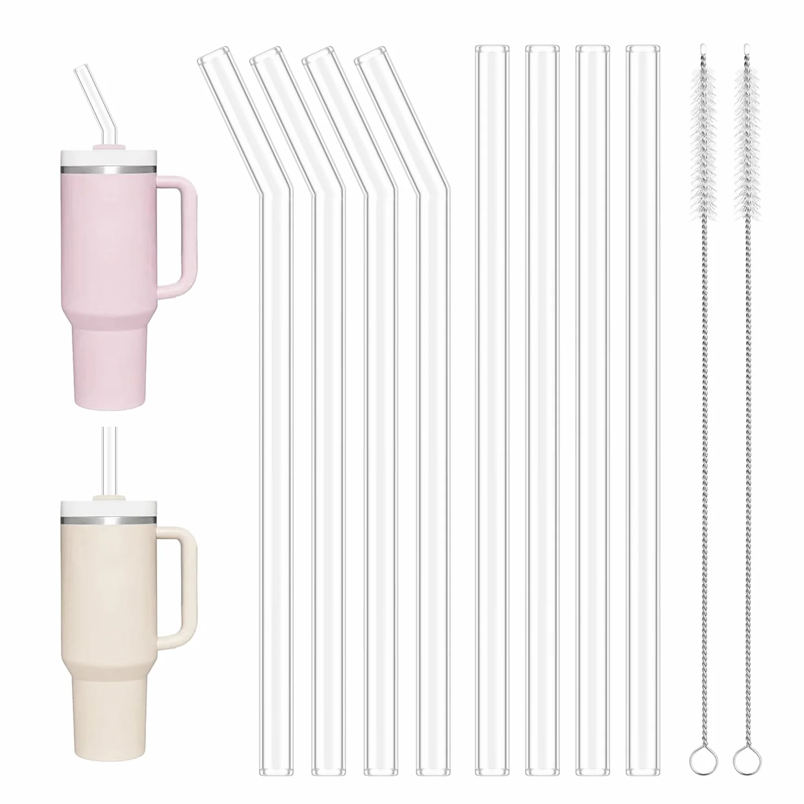 8 szklanych słomek (31 cm) – przezroczyste do Stanley Cups Adventure Quencher, wielokrotnego użytku + 2 szczotki do czyszczenia (4 zakrzywione + 4 proste)