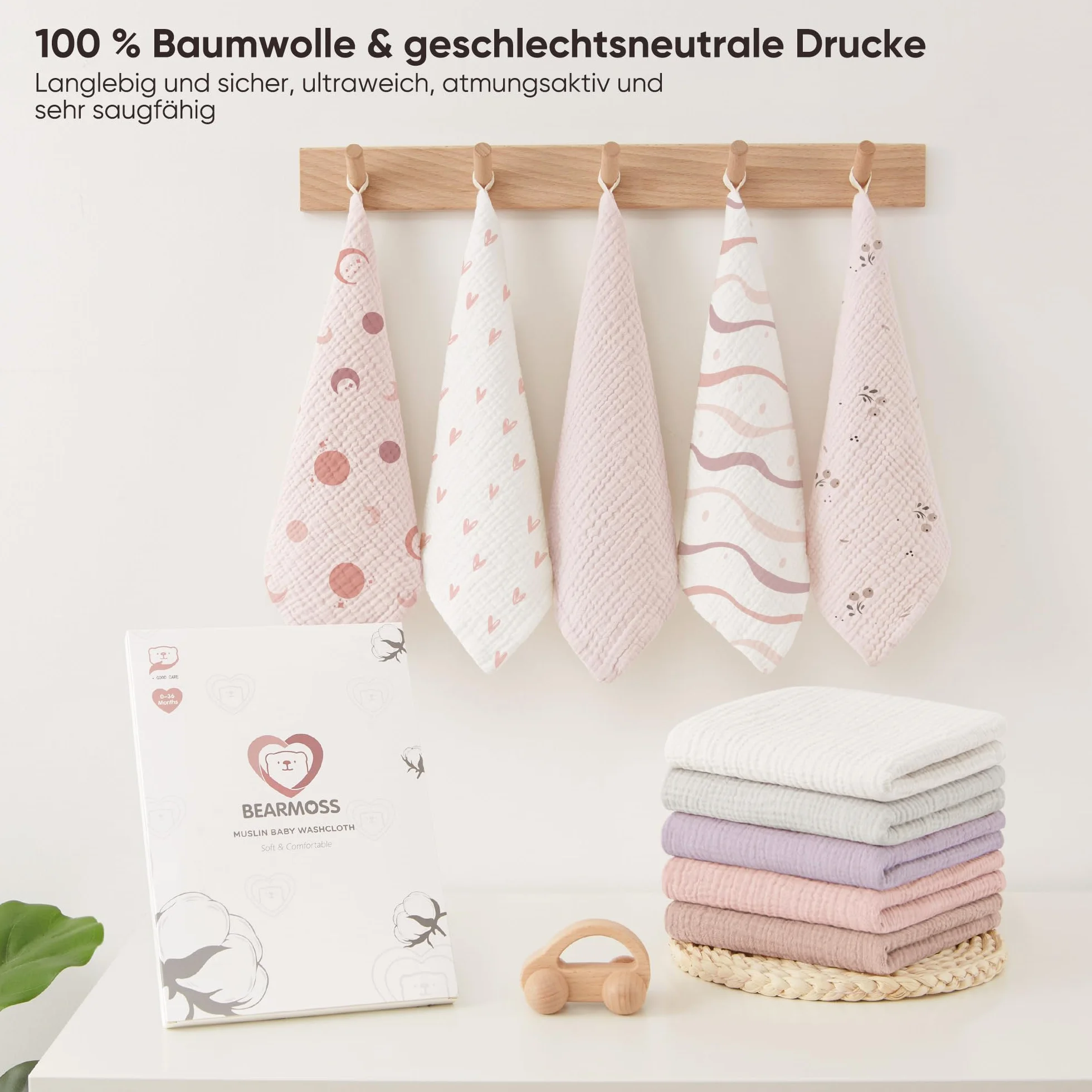 Bearmoss Chusteczki Molton dla niemowląt, 100% bawełna, miękkie ściereczki do ślinu dla niemowląt, oddychające i bardzo chłonne, muślinowe, 10 sztuk, 25 x 25 cm (różowo-fioletowe)
