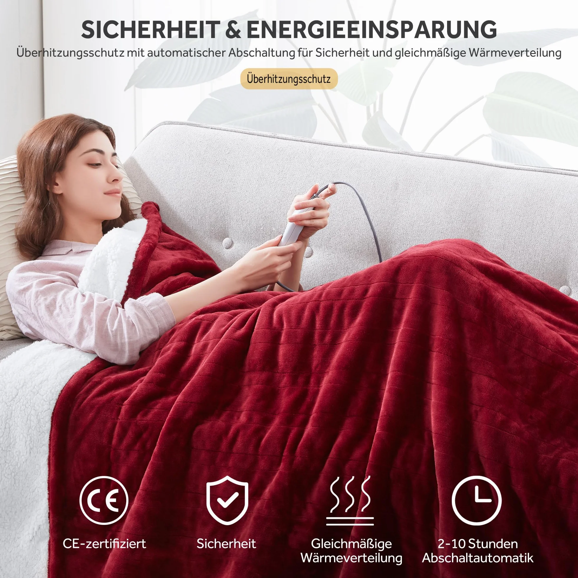 Koc elektryczny z automatycznym wyłączaniem, 130 x 180 cm, flanelowy, Sherpa, elektryczny koc grzewczy, 6 poziomów temperatury i ochrona przed przegrzaniem, nadaje się do prania, koc grzewczy