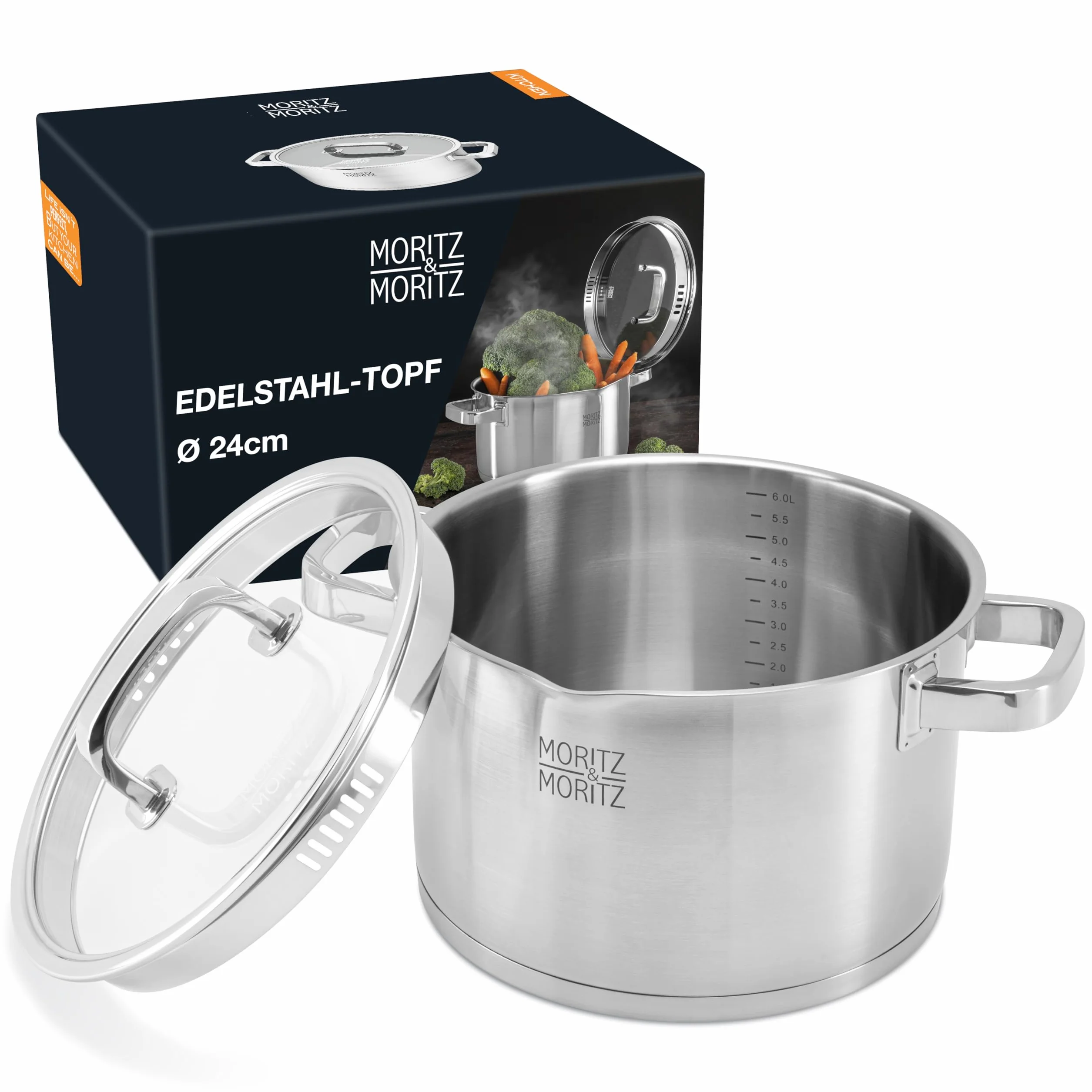 Moritz & Moritz Garnek do gotowania ze stali nierdzewnej 24 cm z sitkiem w pokrywie – skala do 6 l – nadaje się do wszystkich rodzajów kuchenek – idealny do zup i dań jednogarnkowych