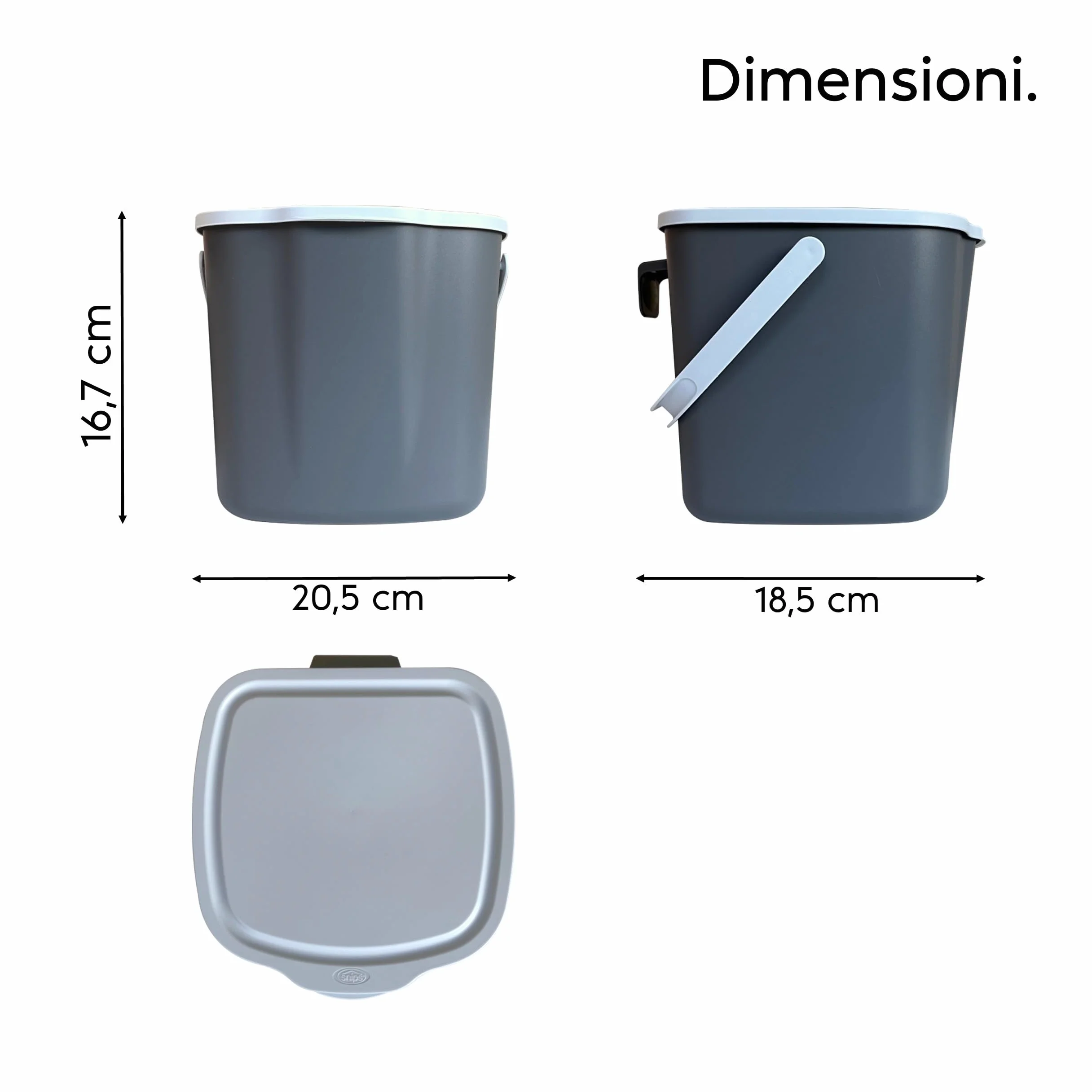 Snips Kosz na odpady organiczne, kosz na kompost, kosz na śmieci z pokrywką i uchwytem, 3 l, ekologiczny kosz na śmieci, do kuchni, 20,5 x 18,5 x 16,7, wyprodukowano we Włoszech, szary, nie zawiera