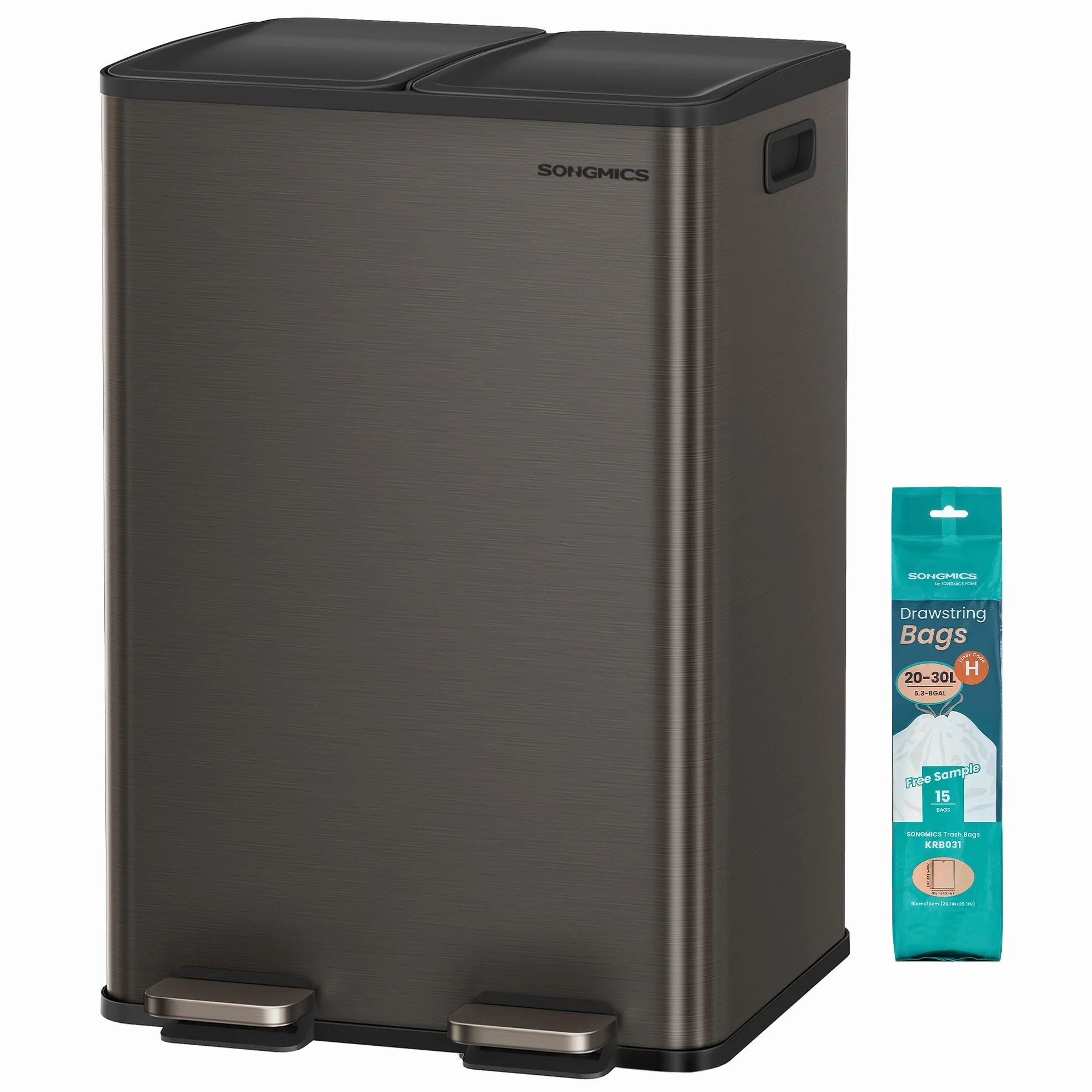 SONGMICS Kosz kuchenny, 2 x 20 l (2 x 30 l) podwójny kosz na śmieci z pedałem z miękkim zamknięciem i wewnętrznymi wiaderkami, stal, zawiera 15 worków wkładowych, szary łupek LTB741G01