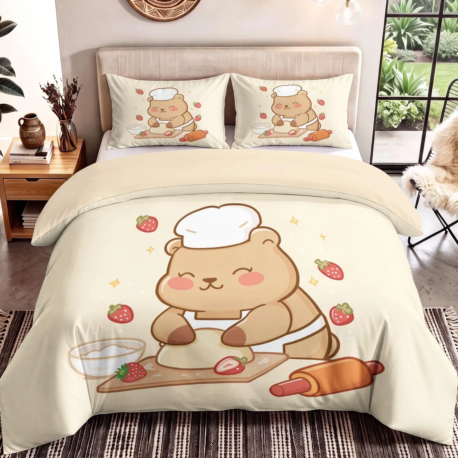 Generisch Cartoon Capybara komplet pościeli, zabawny zestaw pościeli z motywem jedzenia, 200 x 200 cm, 3-częściowy zestaw dekoracyjny, poszewka na kołdrę z mikrofibry z 2 poszewkami na poduszkę 80 x