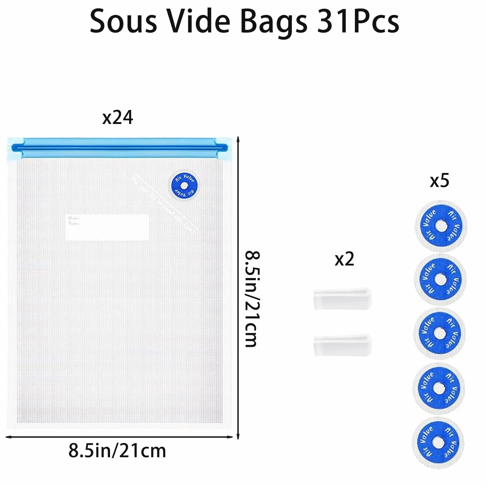 Worki Sous Vide 31 szt., wielokrotnego użytku, wolne od BPA, worki do pakowania próżniowego (21,5 x 21,5 cm), próżniowe torby do przechowywania żywności / ogrzewania w kuchence mikrofalowej, 24 szt.