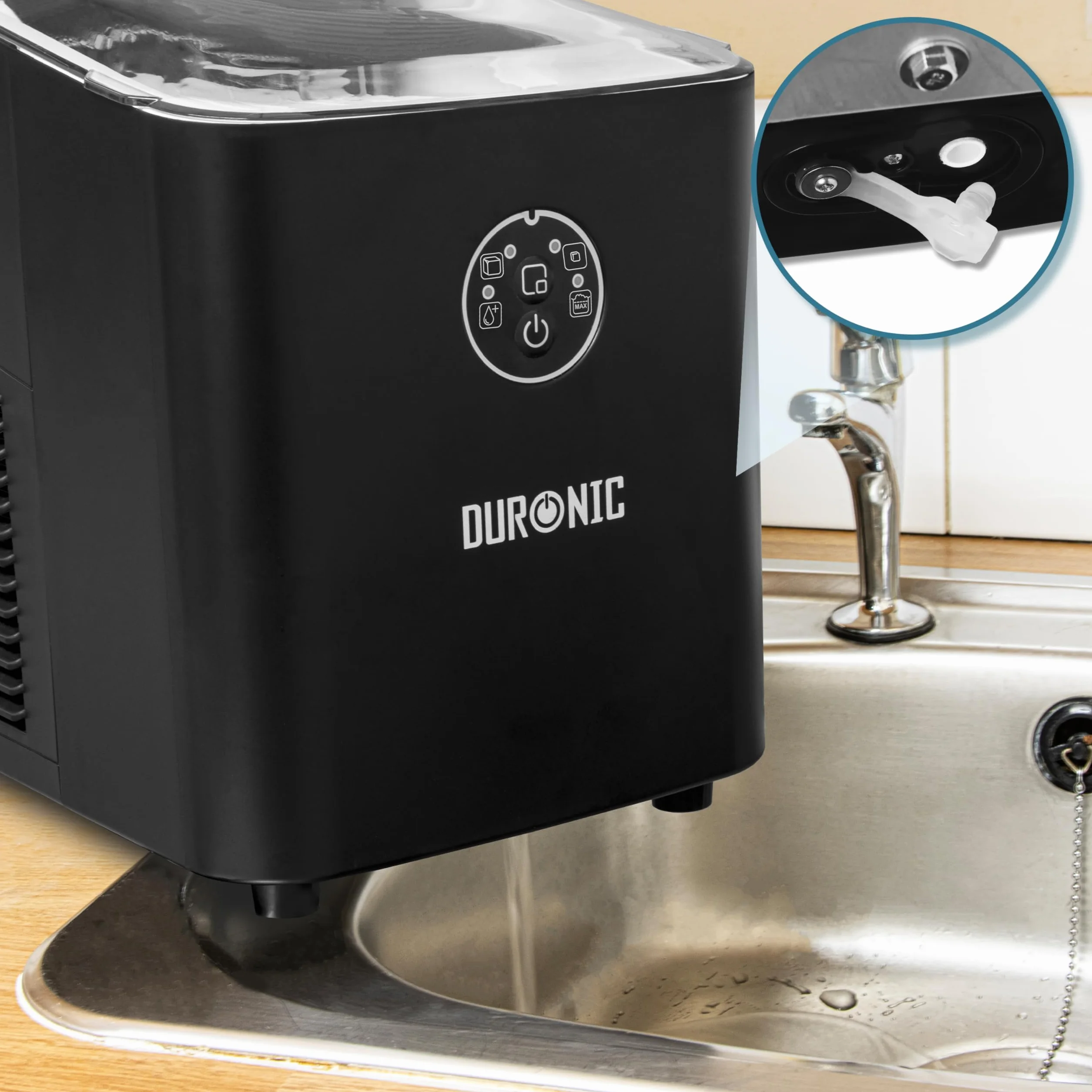 Duronic ICM12 BK Kostkarka do lodu elektryczna 120W | 8 kostek w 6 do 8 minut | Kosz o pojemności 1 litra i szpatułka | Zbiornik 1 litr | Lód do zimnych napojów i koktajli | przezroczysta pokrywka