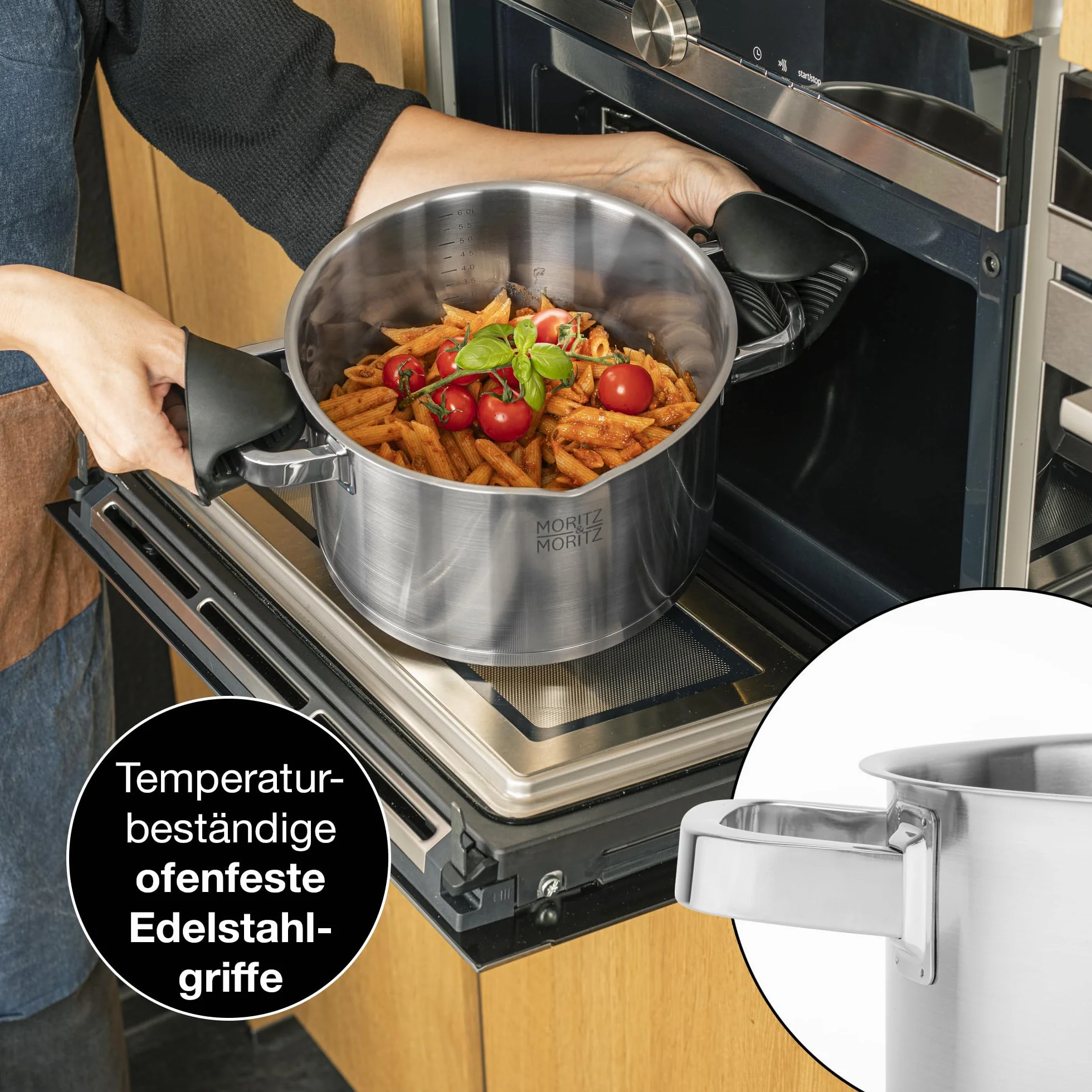 Moritz & Moritz Garnek do gotowania ze stali nierdzewnej 24 cm z sitkiem w pokrywie – skala do 6 l – nadaje się do wszystkich rodzajów kuchenek – idealny do zup i dań jednogarnkowych
