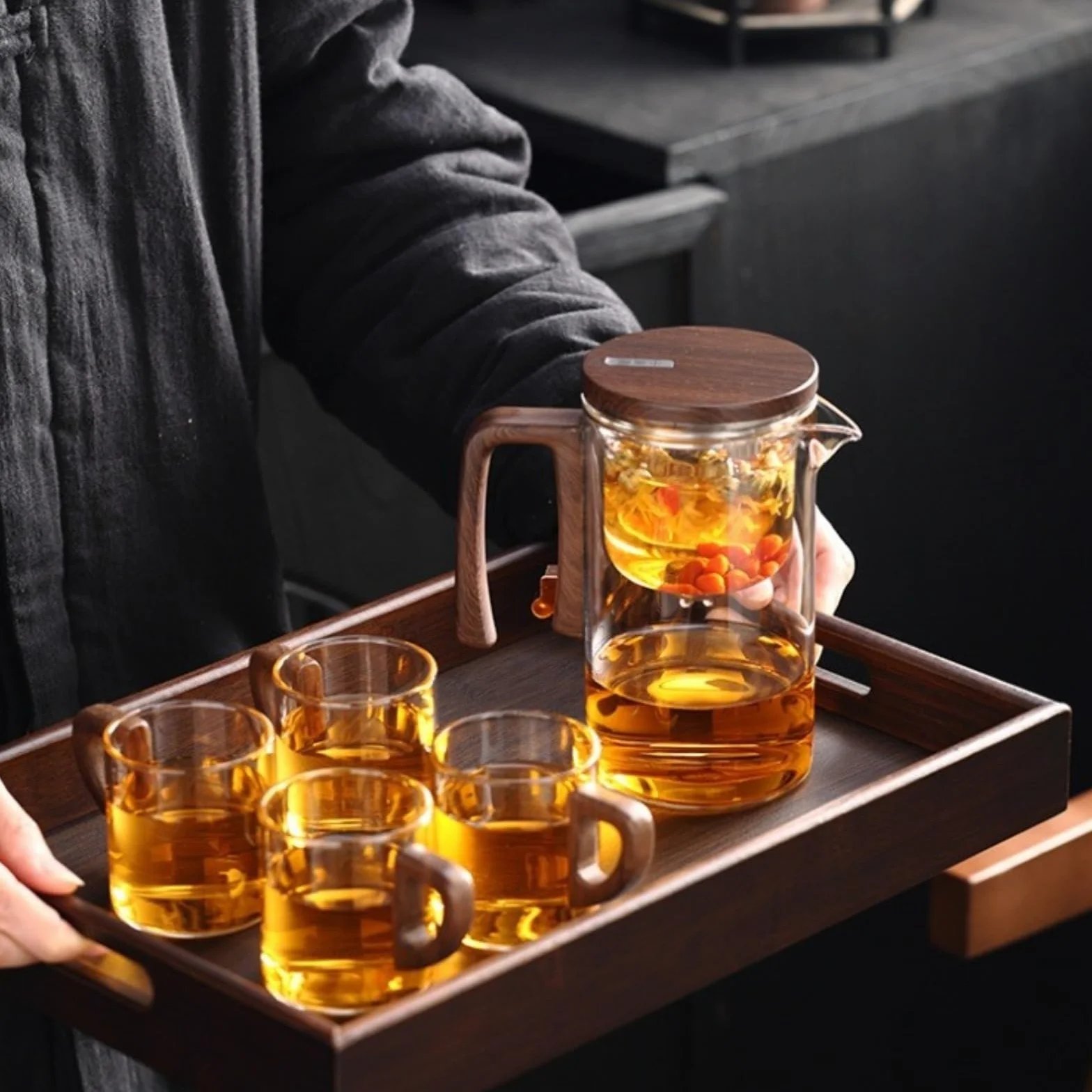 Generisch Enchanti Tea Pot, Enchantipot Magic Tea Po, szklany pojemnik na herbatę z drewnianą rączką, kontrola nacisku, magiczny garnek do herbaty, Enchantipot Magic Pot