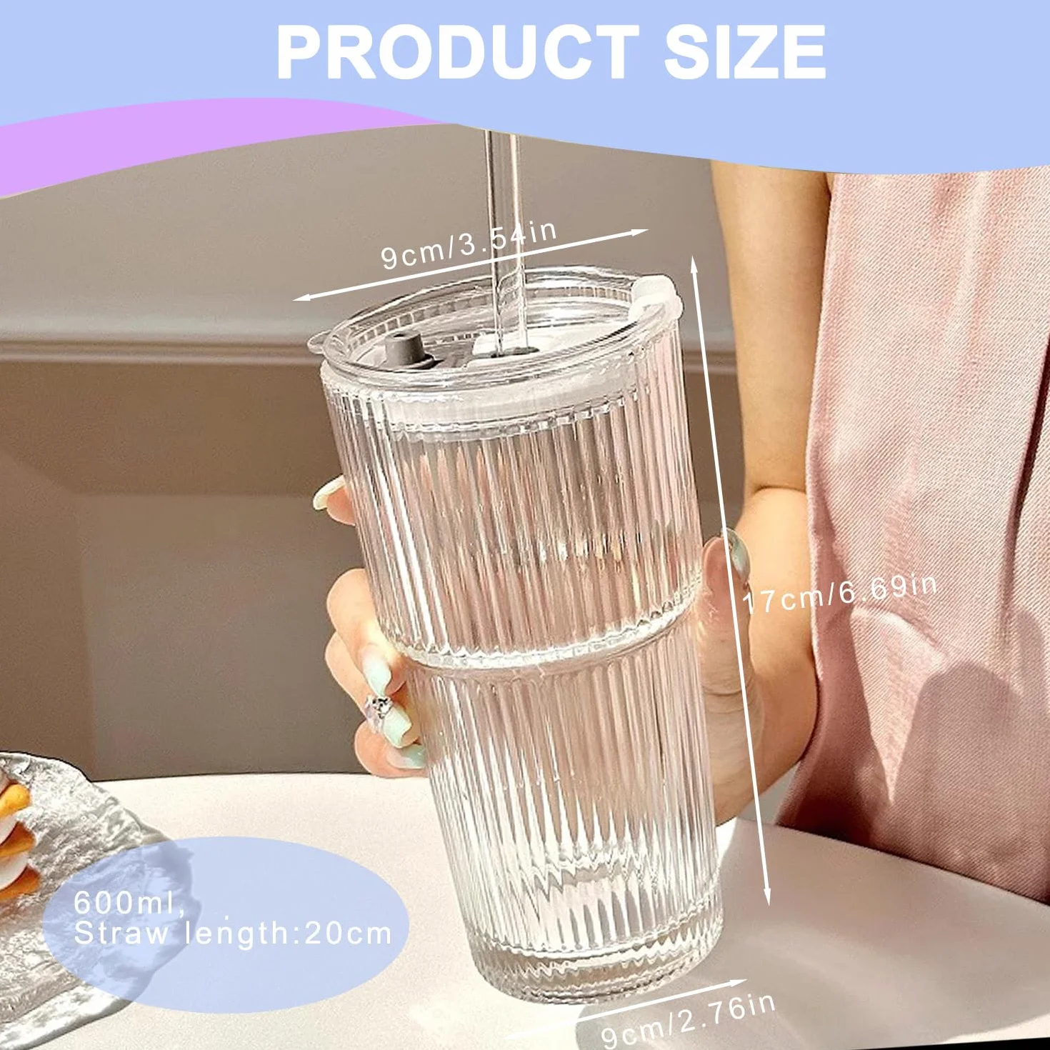 Szklany kubek z pokrywką i słomką, 600 ml, szklanki do kawy, szklanki do piwa, kubek podróżny, kubek do smoothie, szczelny, do kawy, koktajli, herbaty, 1 sztuka