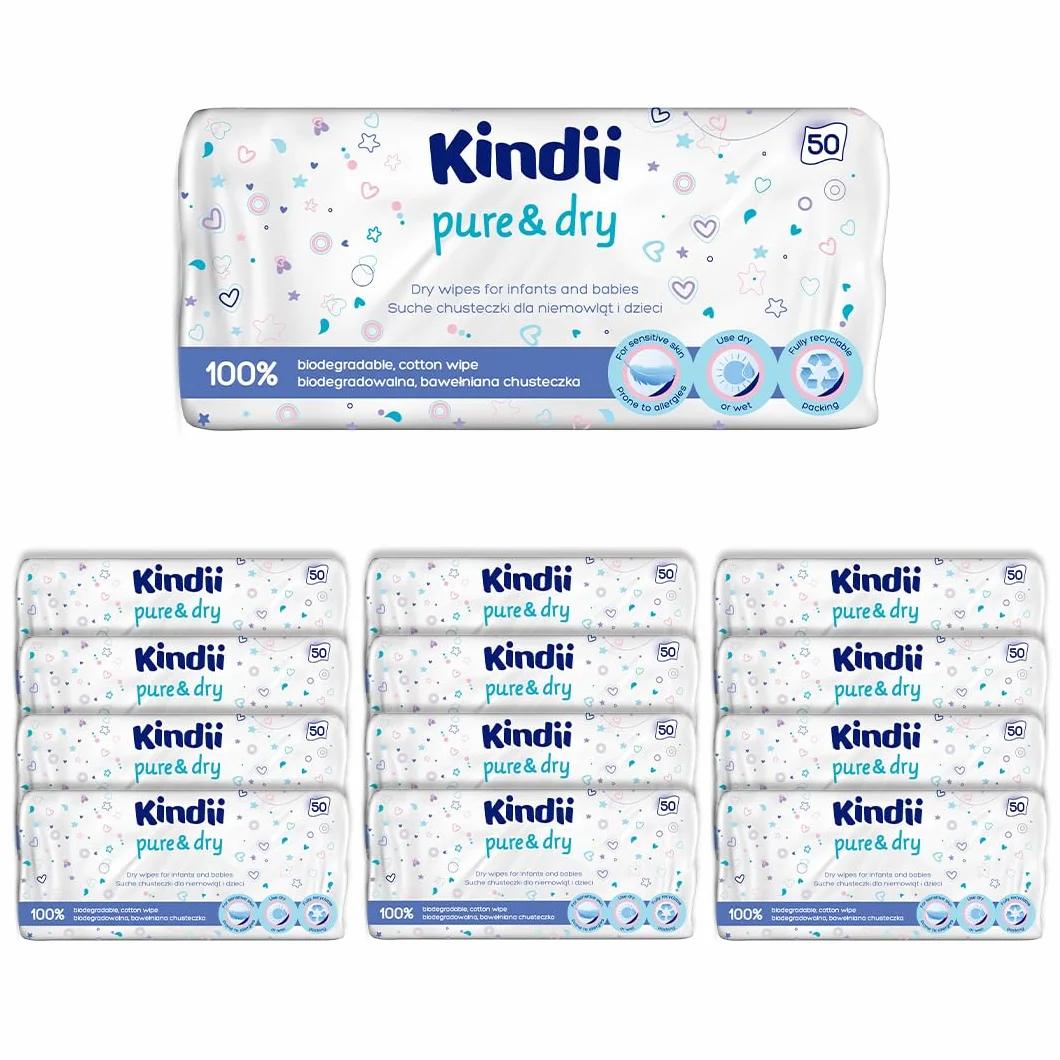Kindii Pure&Dry Suche Chusteczki dla niemowląt - Baby Essentials - Jednorazowy ręcznik do twarzy - Chusteczki dla niemowląt luzem - Akcesoria dla niemowląt - Wielofunkcyjne - 100% bawełna - 20 x 20 cm