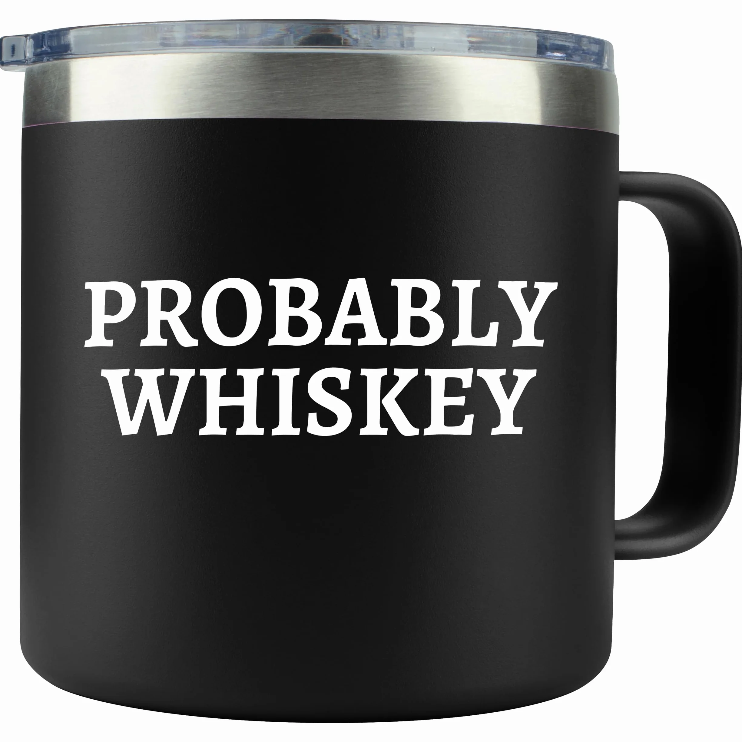 Prezenty na whisky dla mężczyzn - prawdopodobnie kubek do whisky do kawy 400 ml ze stali nierdzewnej z pokrywką - zabawny pomysł na prezent dla taty, miłośnika burbonu, obozu, kubka, podróży, akcesoriów do szkockiej szkoły