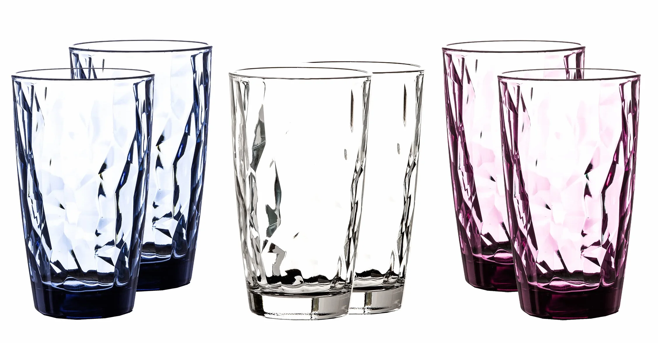 Bormioli Rocco Zestaw 6 Diamentowych Szklanek do Wody, 470 ml, Przezroczyste, Niebieskie, Fioletowe (2 na Kolor), Nadaje się do Mycia w Zmywarce, Duże Szklanki na Sok