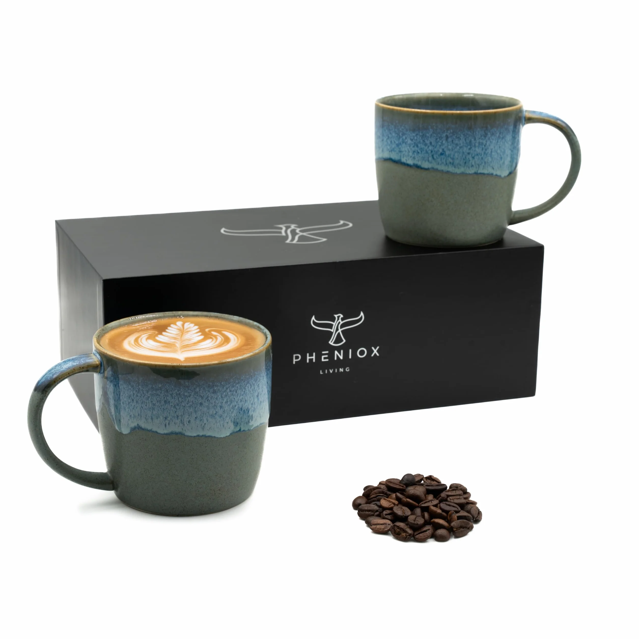 Pheniox Cappucino zestaw filiżanek Ocean, 2 x 350 ml, kamionka, z uchwytem, nadają się do mycia w zmywarce i używania w kuchence mikrofalowej, pudełko prezentowe