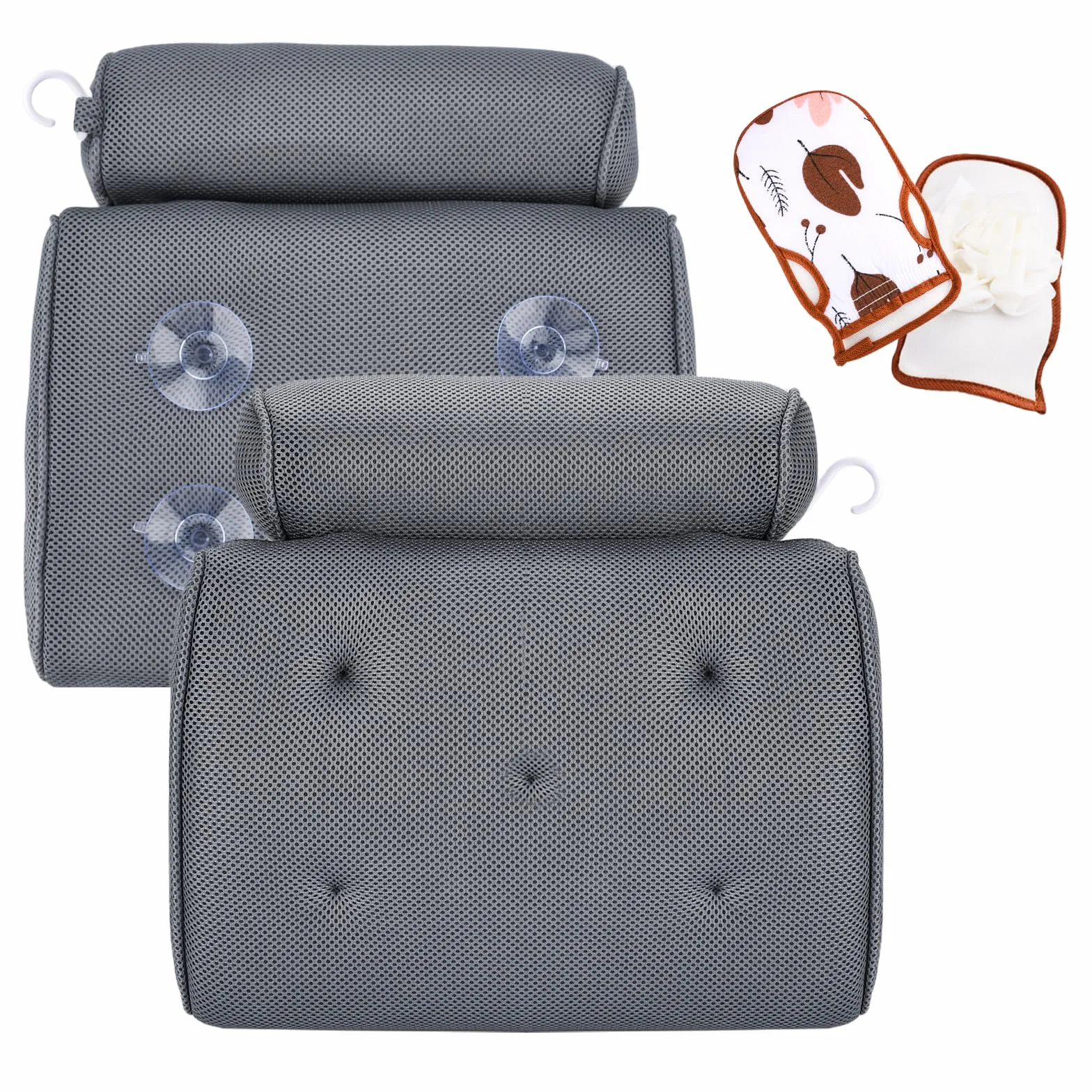 Poduszka do wanny ergonomiczna antypoślizgowa 4D Air Mesh 5 kubków z rękawicami kąpielowymi