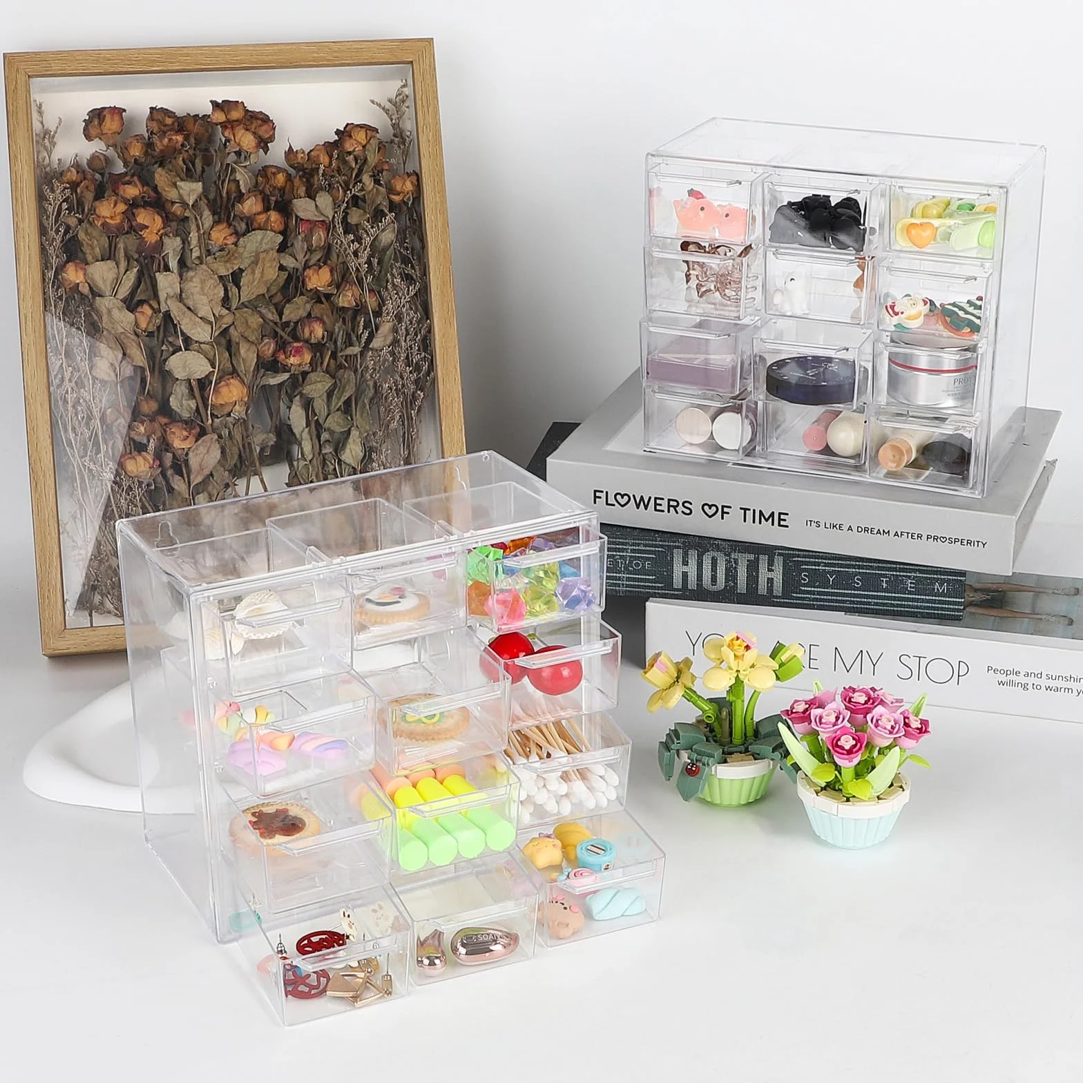 2 szt. Przezroczysty mini organizer szuflad małe szuflady do przechowywania do układania w stosy pudełko do przechowywania na biurko do makijażu, biżuteria, materiały biurowe i rzemieślnicze