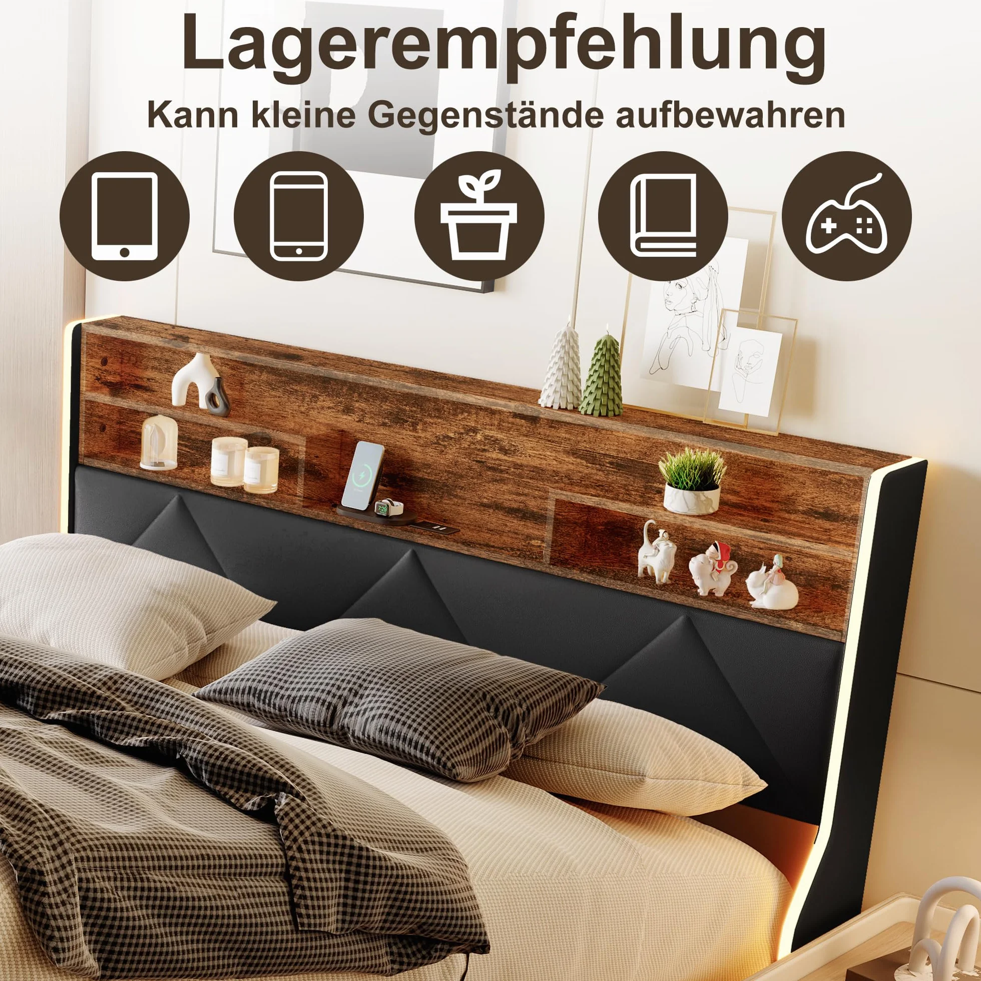 CDQL Łóżko tapicerowane 160 x 200 cm z miejscem do przechowywania, podwójne łóżko z zagłówkiem LED i przyłączem USB, zagłówek z miejscem do przechowywania, łóżko funkcyjne, nadaje się do sypialni i